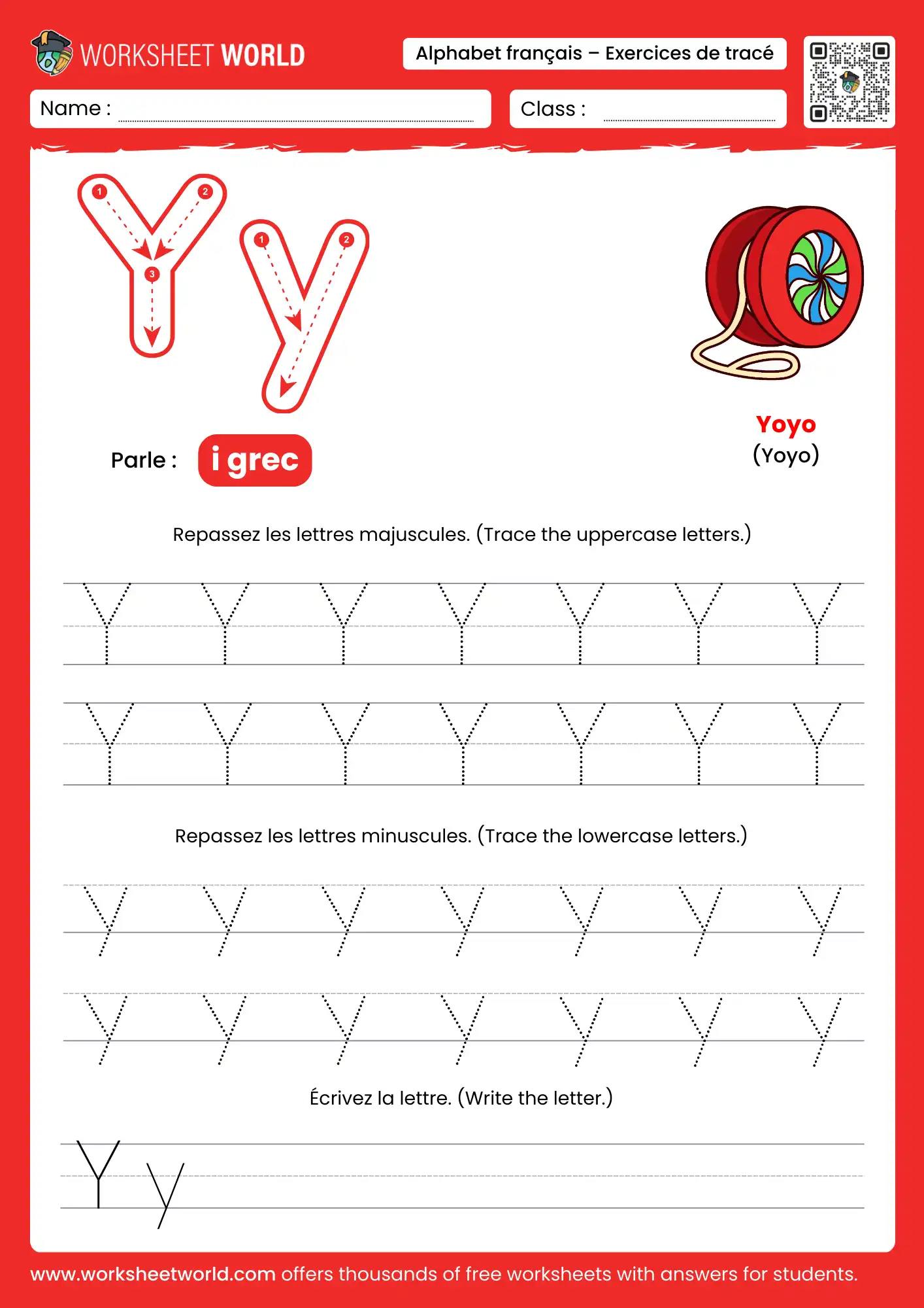 Letter Y French Alphabet Tracing Worksheet with yoyo picture