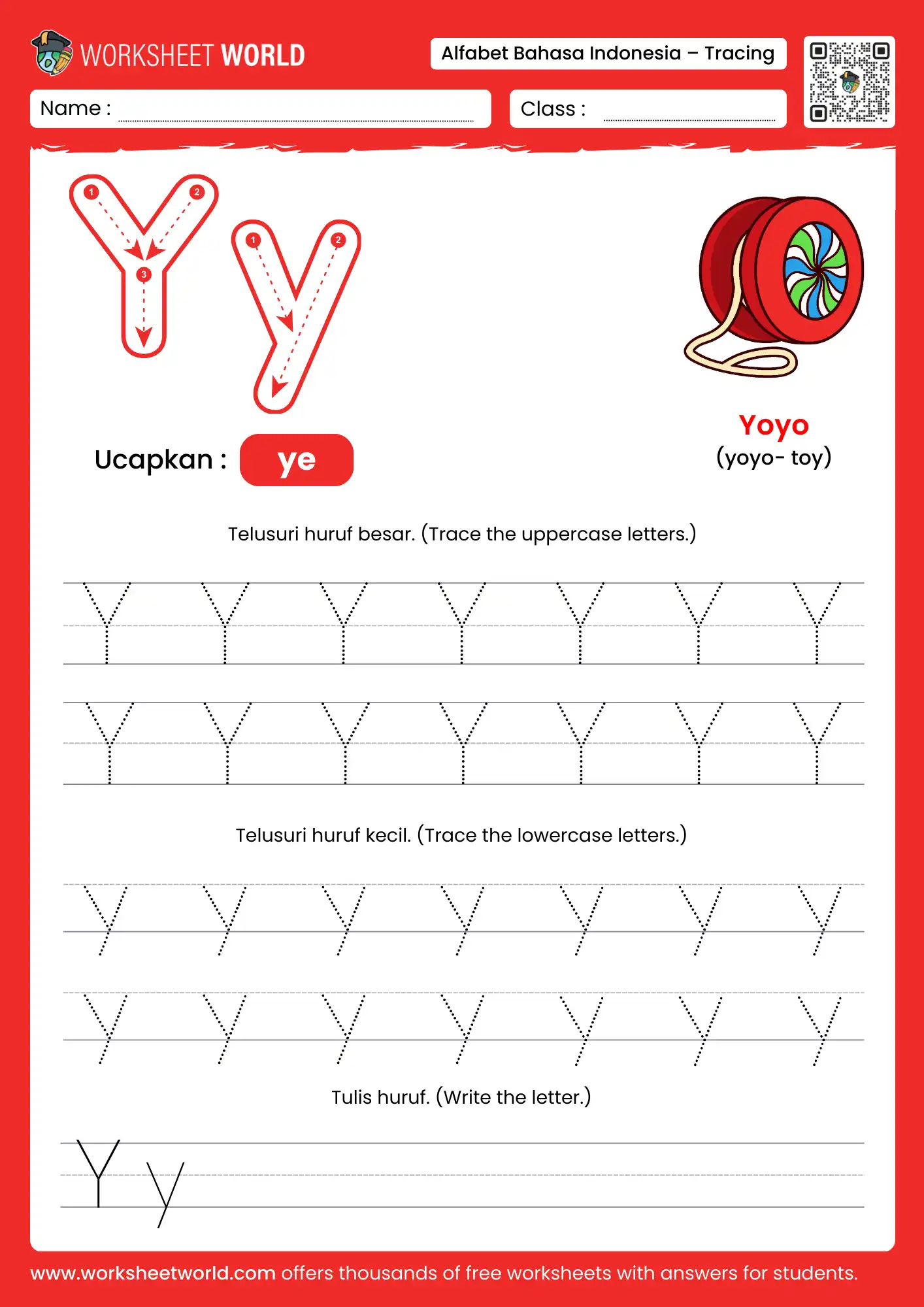 menebalkan abjad huruf y- letter y indonesian alphabet tracing worksheet with yoyo picture