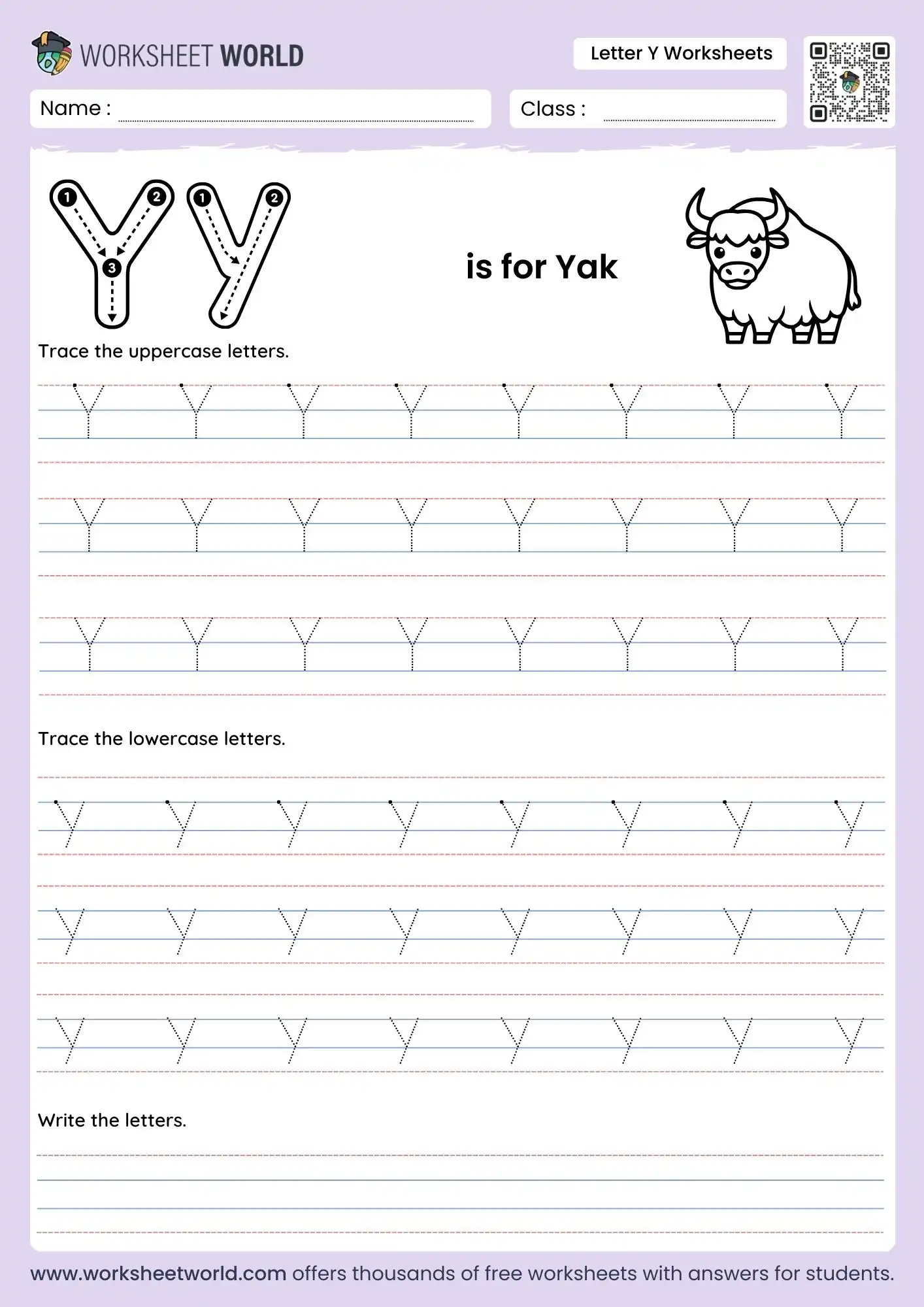 letter-y-worksheets-page-1 letter y worksheets featuring a yak illustration and multiple rows of dotted tracing lines