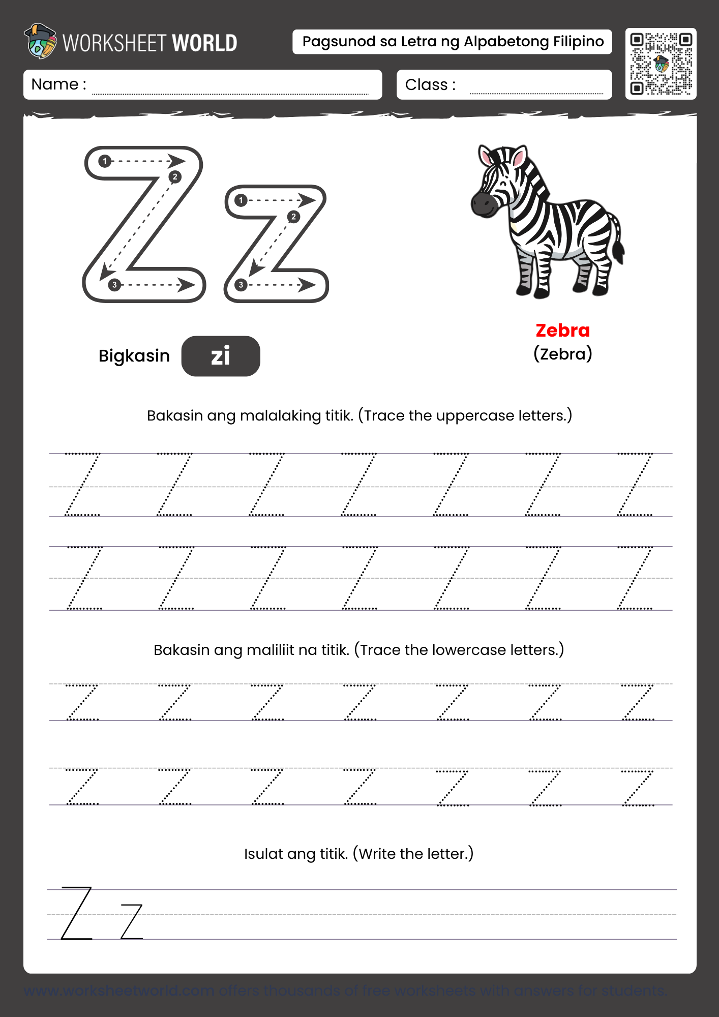 pagbakas ng titik z- letter z filipino alphabet tracing worksheet with zebra picture