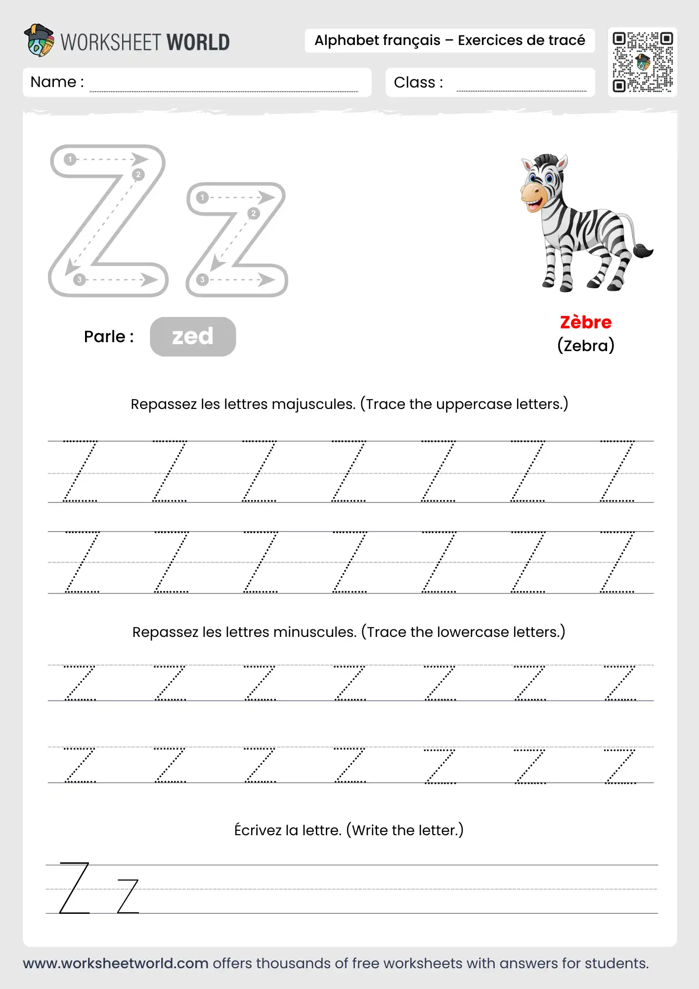 Letter Z French Alphabet Tracing Worksheet with zebra picture