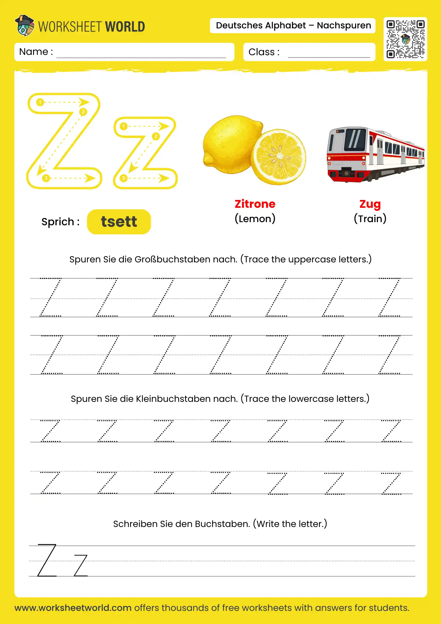letter z german alphabet tracing worksheet with lemon picture