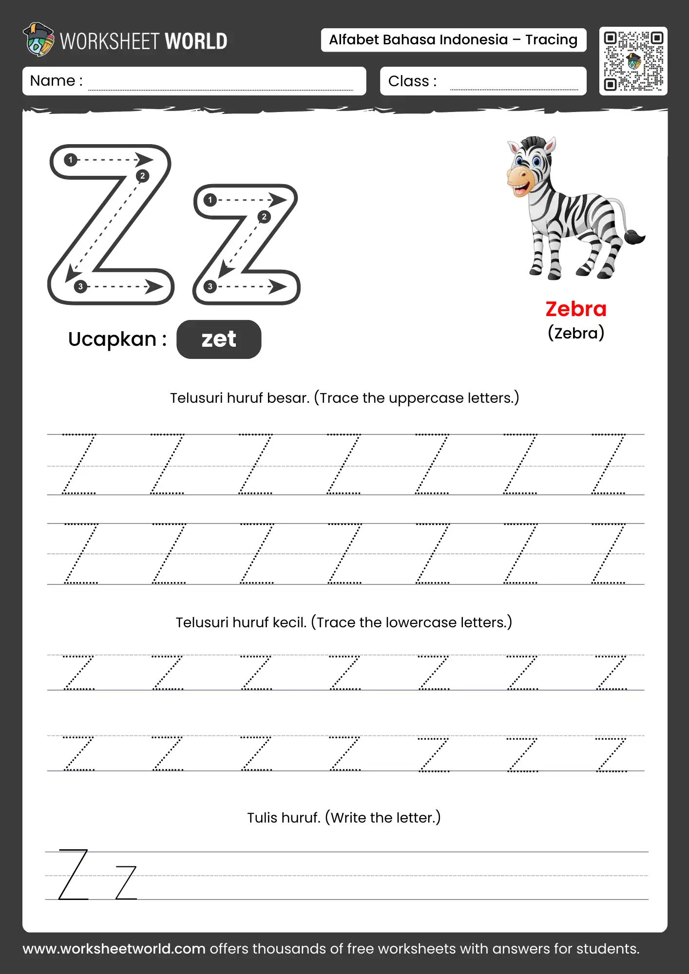 menebalkan abjad huruf z- letter z indonesian alphabet tracing worksheet with zebra picture