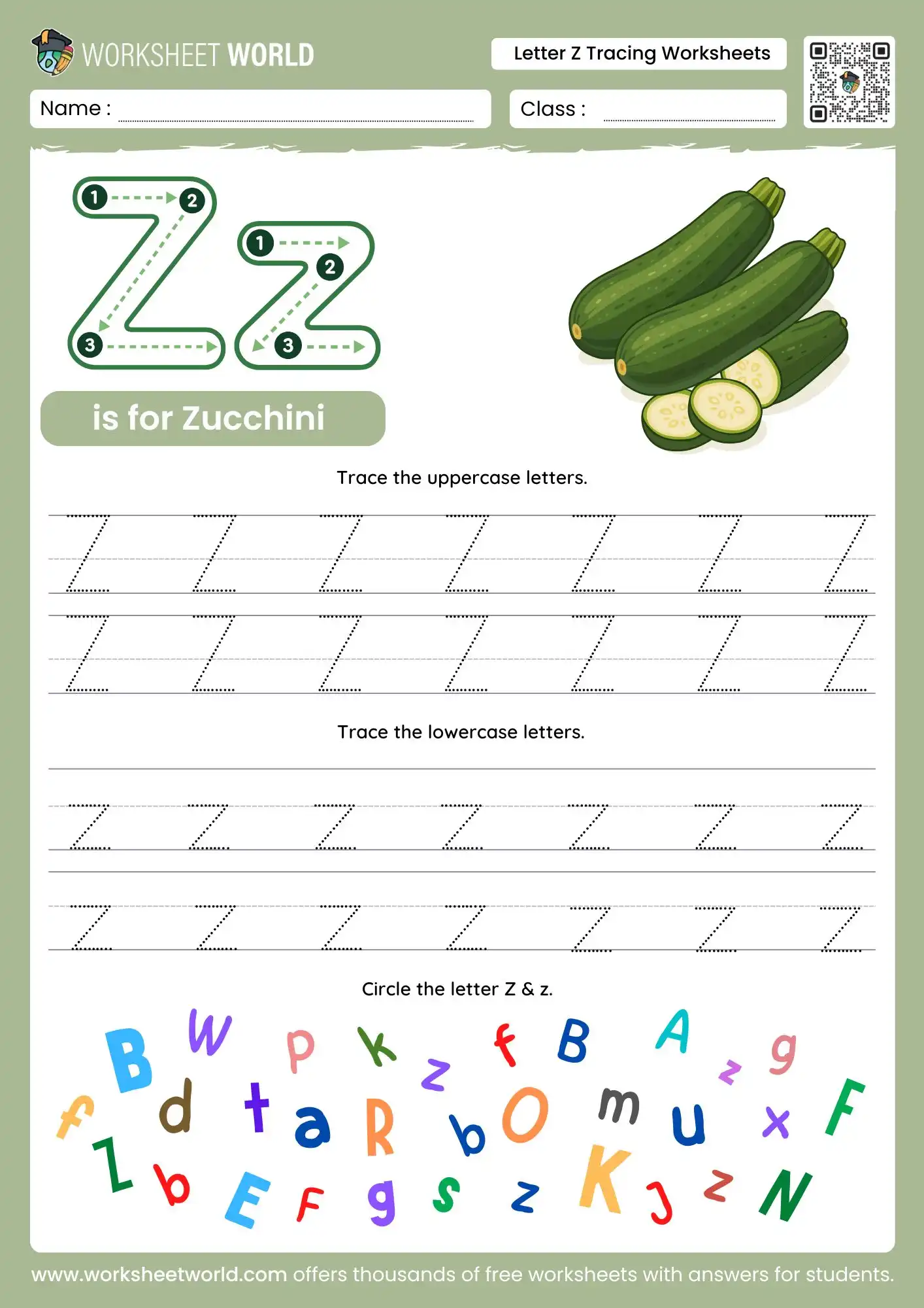 letter z tracing worksheets featuring zucchini illustrations and a colorful letter search game
