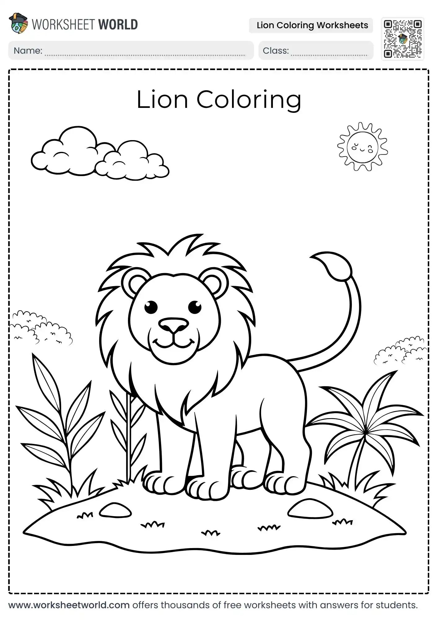 Cute Lion Coloring Worksheets For Fun Elementary Education 1 educational lion coloring worksheets displaying a happy male lion standing outdoors near tropical plants