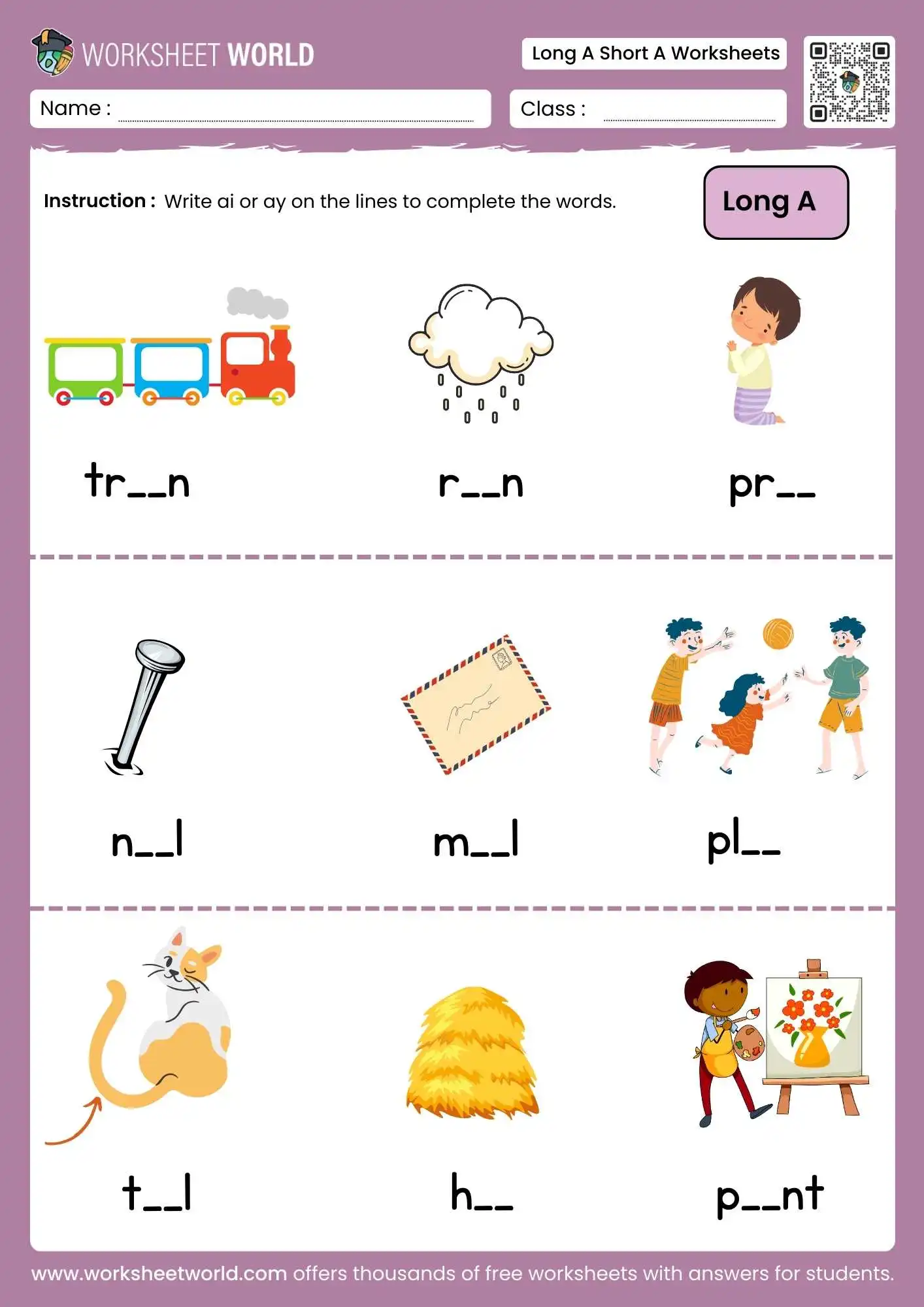 long-a-short-a-worksheets-page-1 long a short a worksheets featuring ai and ay vowel team completion with train rain and pray