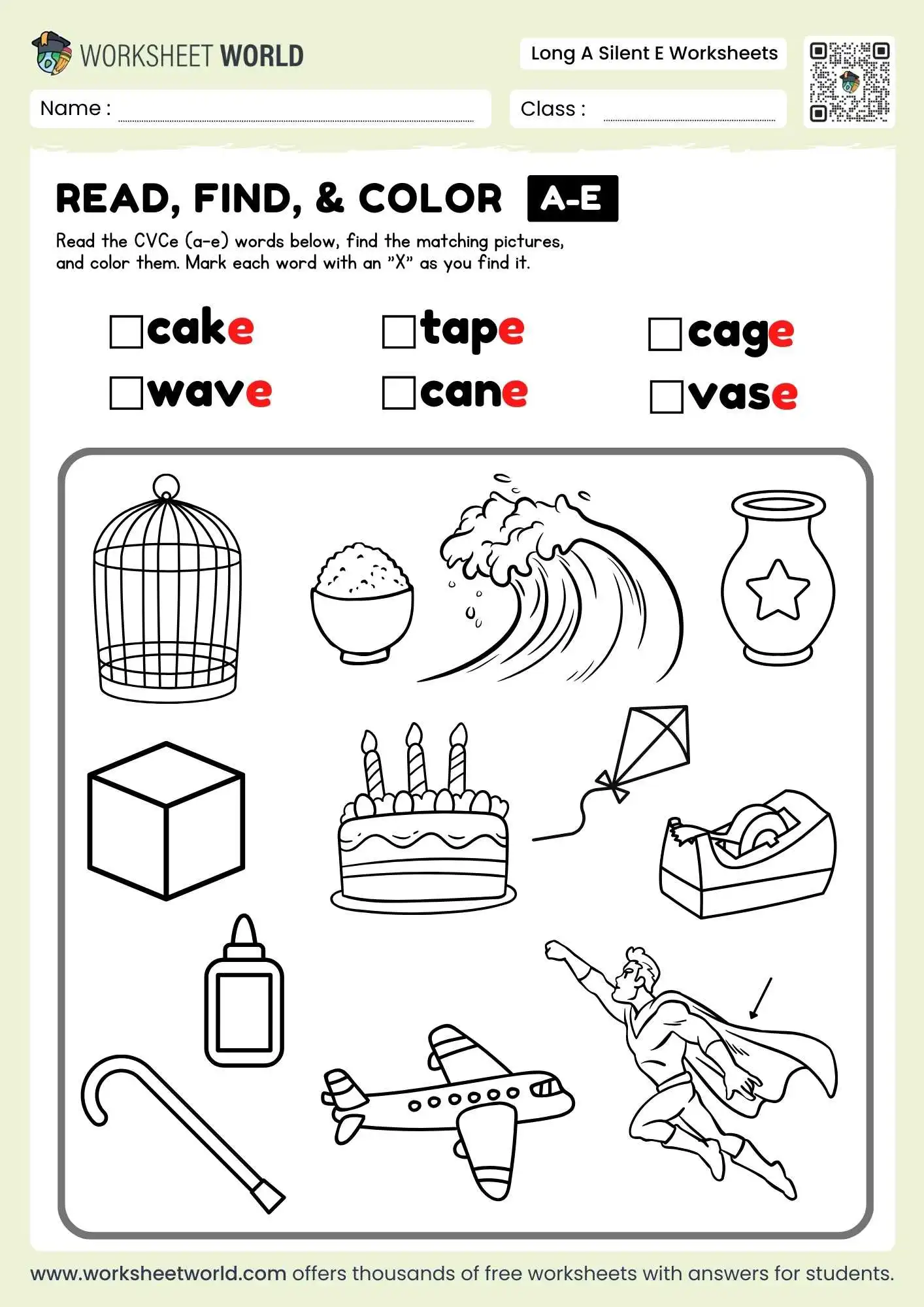 long a silent e worksheets featuring a read find and color activity with cake and wave