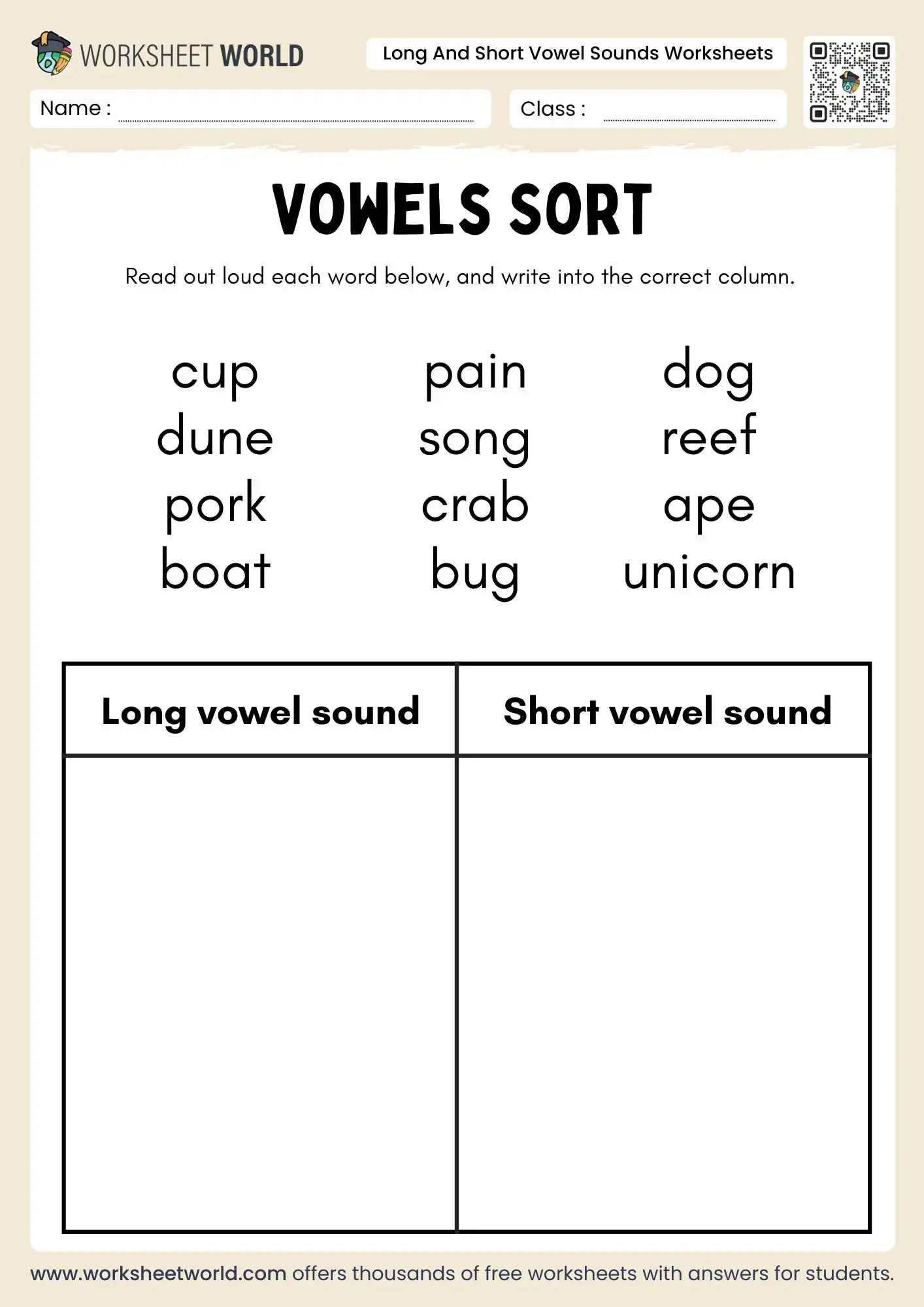 long and short vowel sounds worksheets featuring a vowel sort grid with words like cup and boat