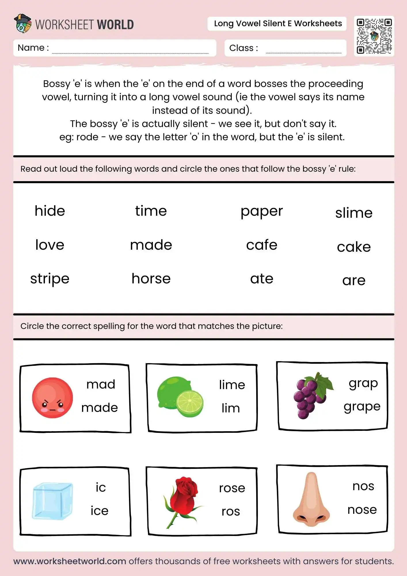 long vowel silent e worksheets explaining the bossy e rule with cake and lime
