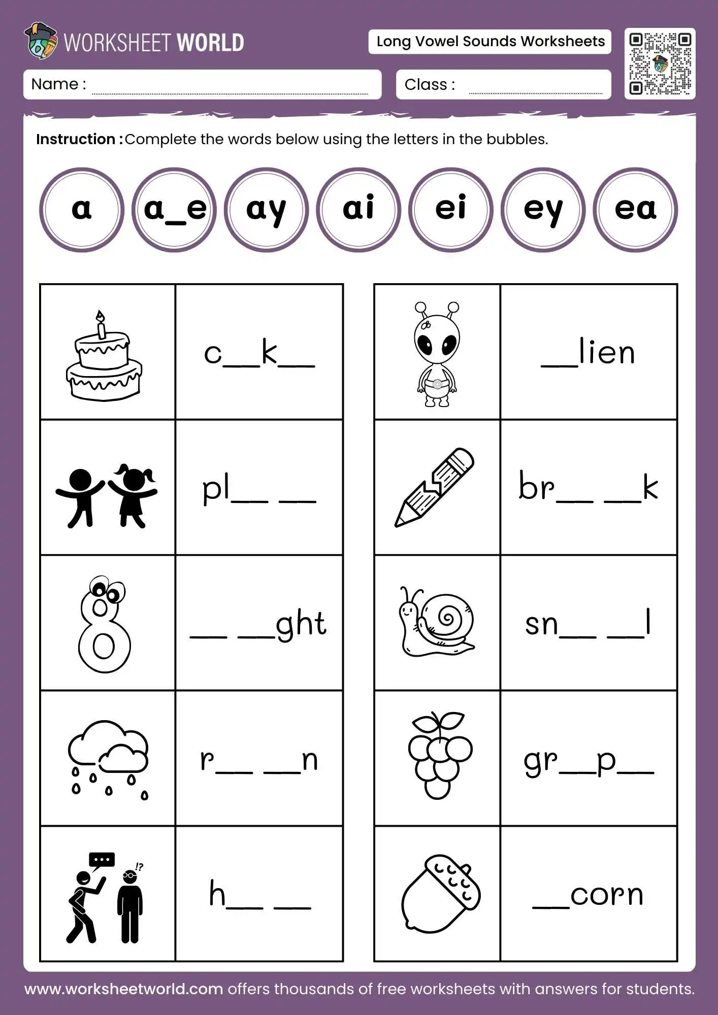 long-vowel-sounds-worksheets-page-1 long vowel sounds worksheets featuring a long a vowel team completion activity