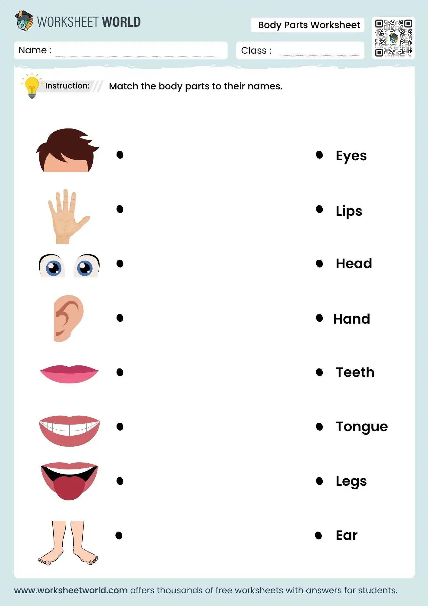 matching body parts worksheet for kindergarten printable activity