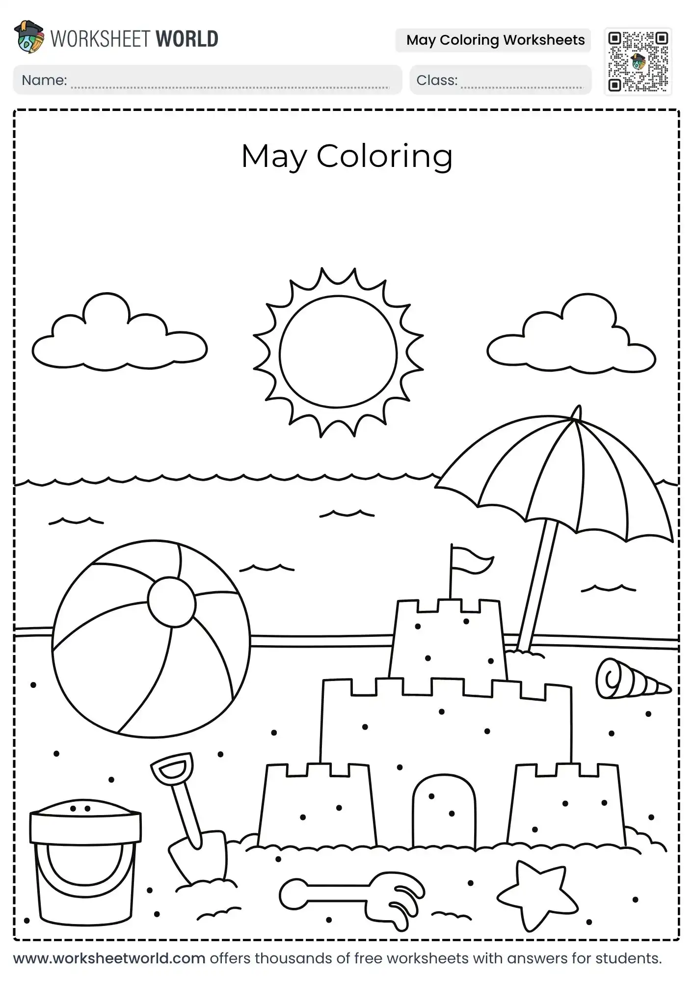 sunny beach sandcastle scene may coloring worksheets