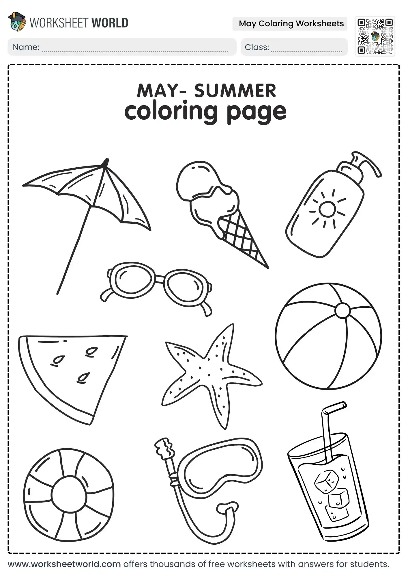 summer vacation objects may coloring worksheets