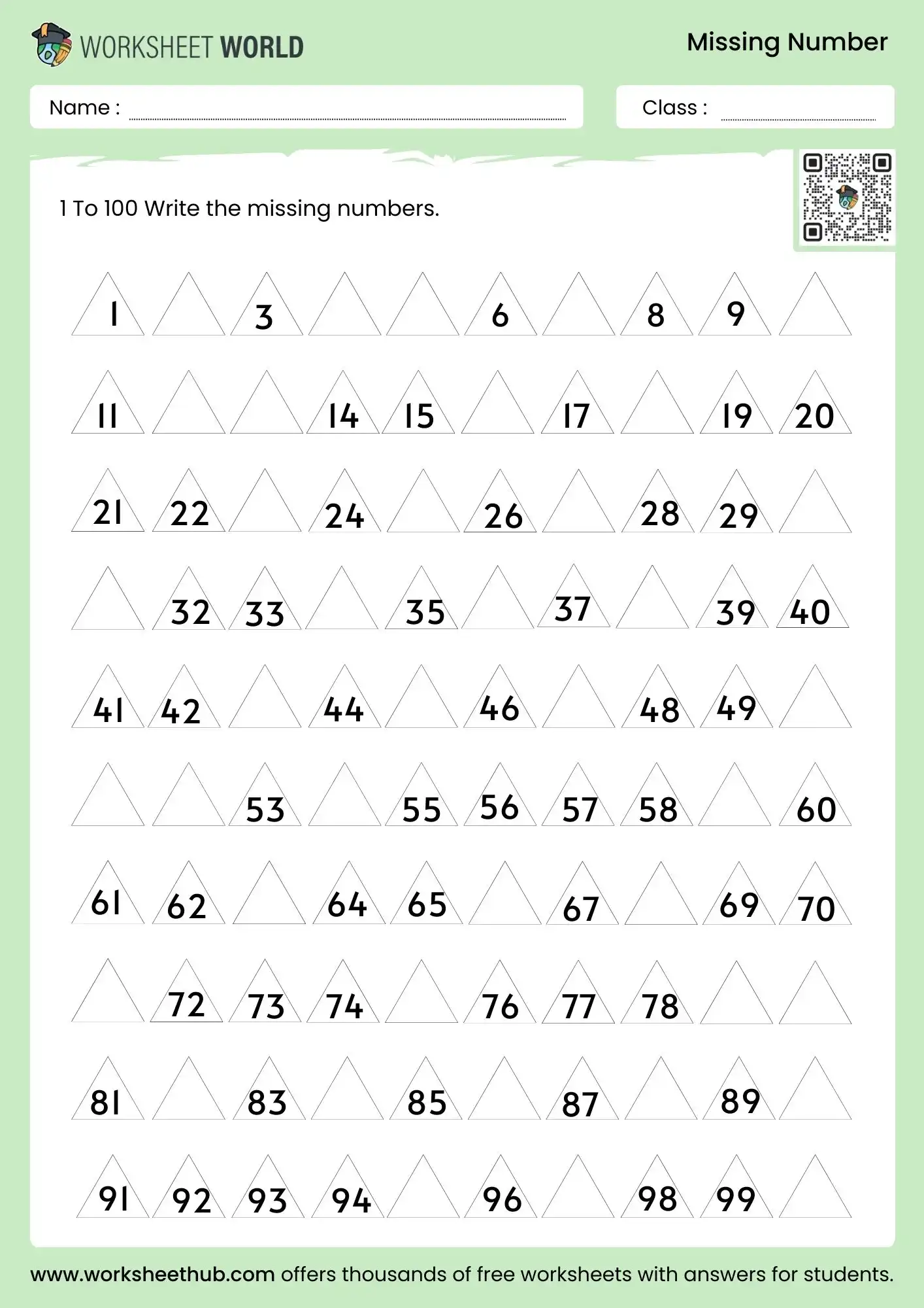 missing number worksheet for class 1