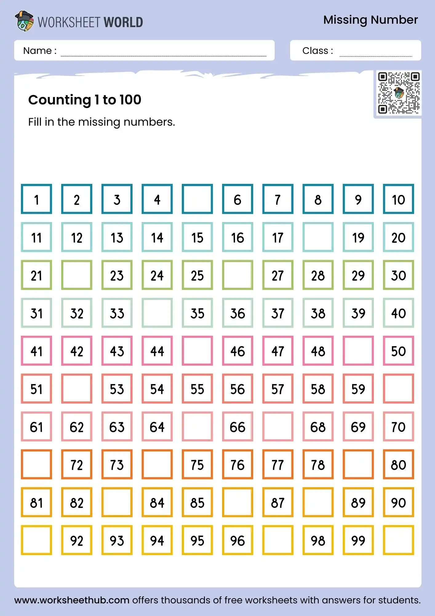 missing numbers worksheet 1 to 100