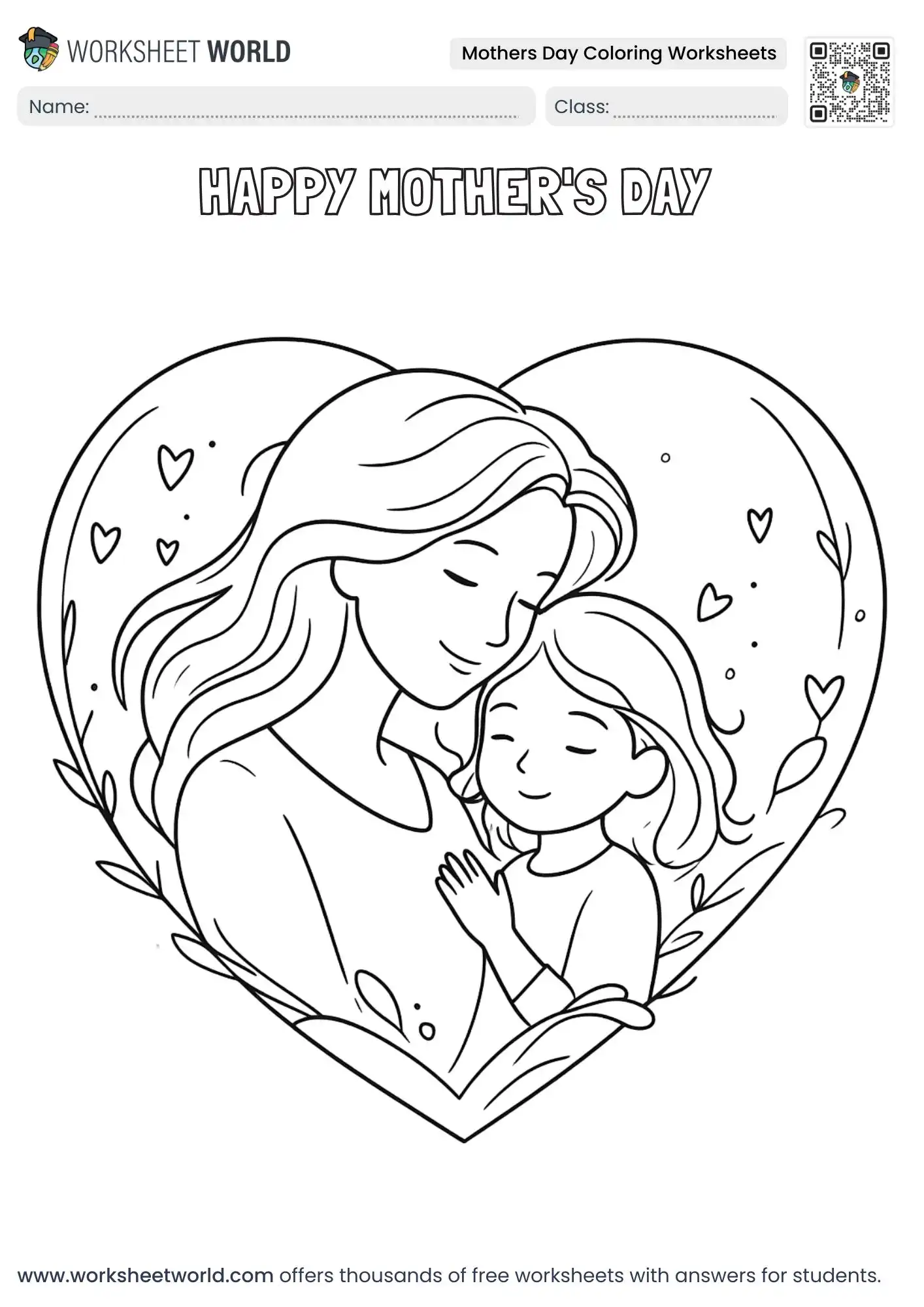 mother hugging her daughter inside a big heart on mothers day coloring worksheets
