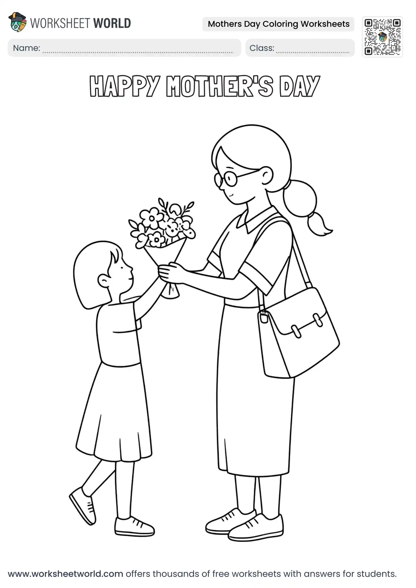 a girl presenting a bouquet of flowers to her mom on mothers day coloring worksheets
