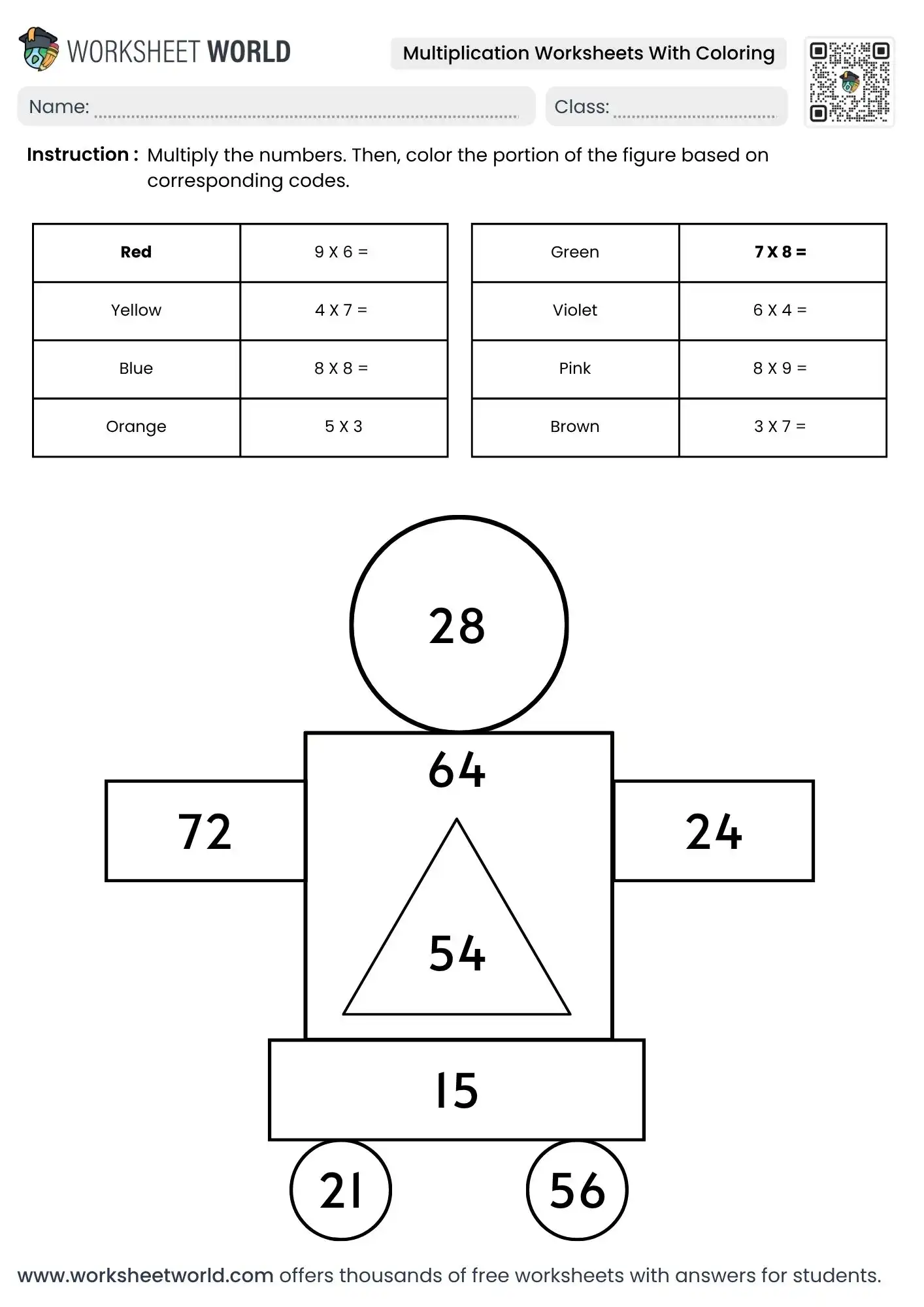 multiplication-worksheets-with-coloring-page-1 robot geometric multiplication worksheets with coloring