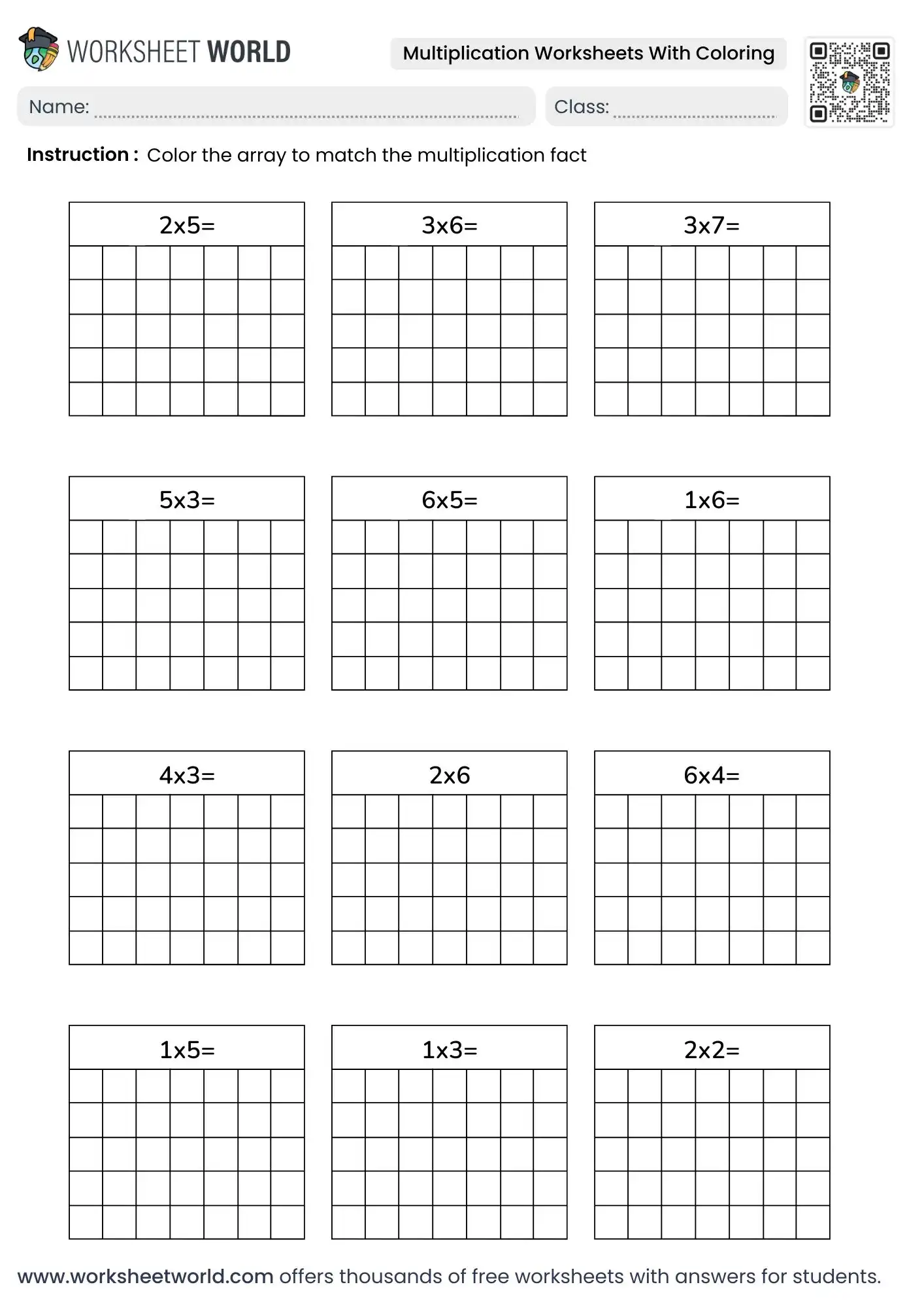 Free Printable Multiplication Worksheets with Coloring for Kids 2 grid array multiplication worksheets with coloring
