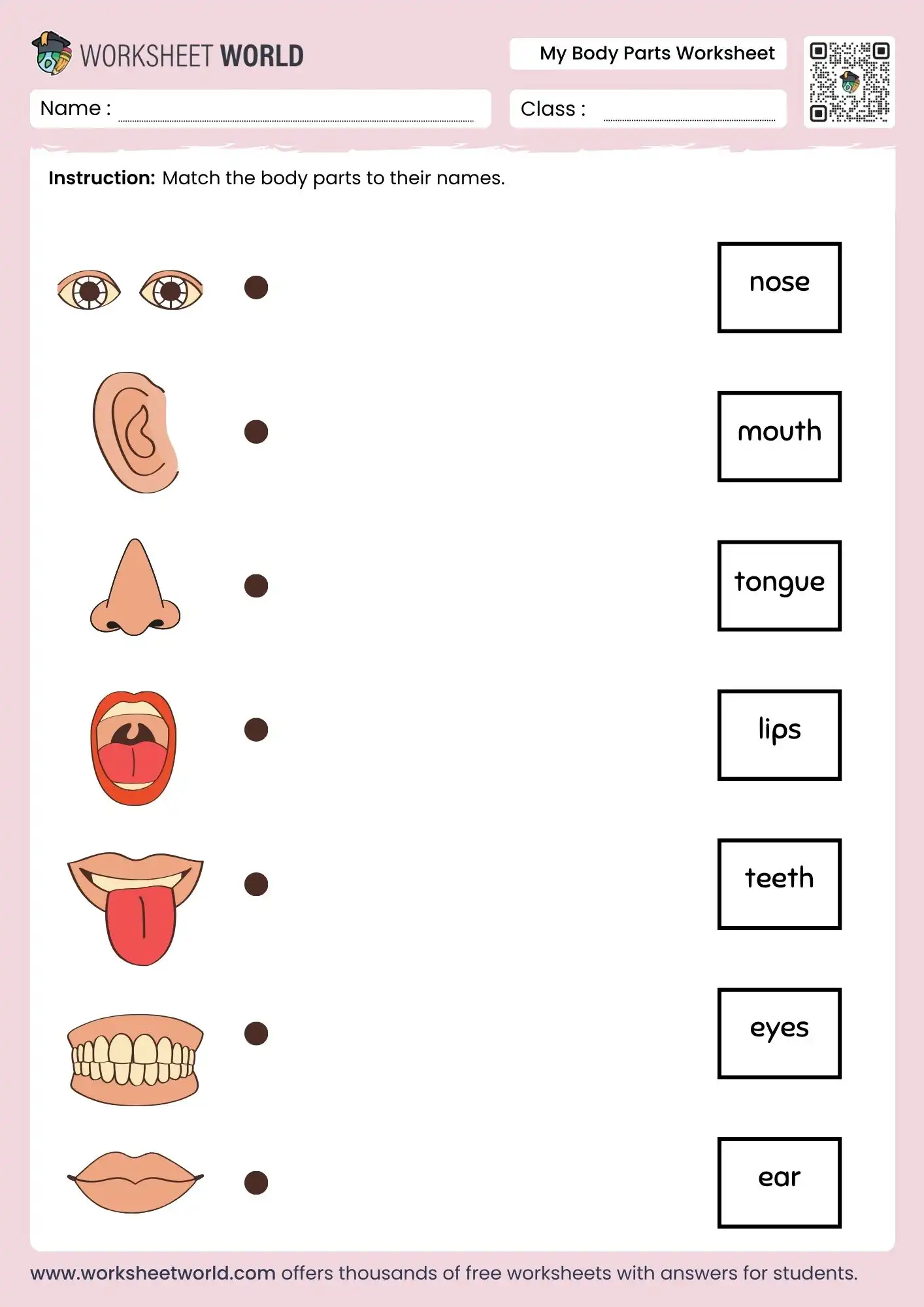 my-body-parts-worksheet my body parts worksheet for kids matching activity picture names