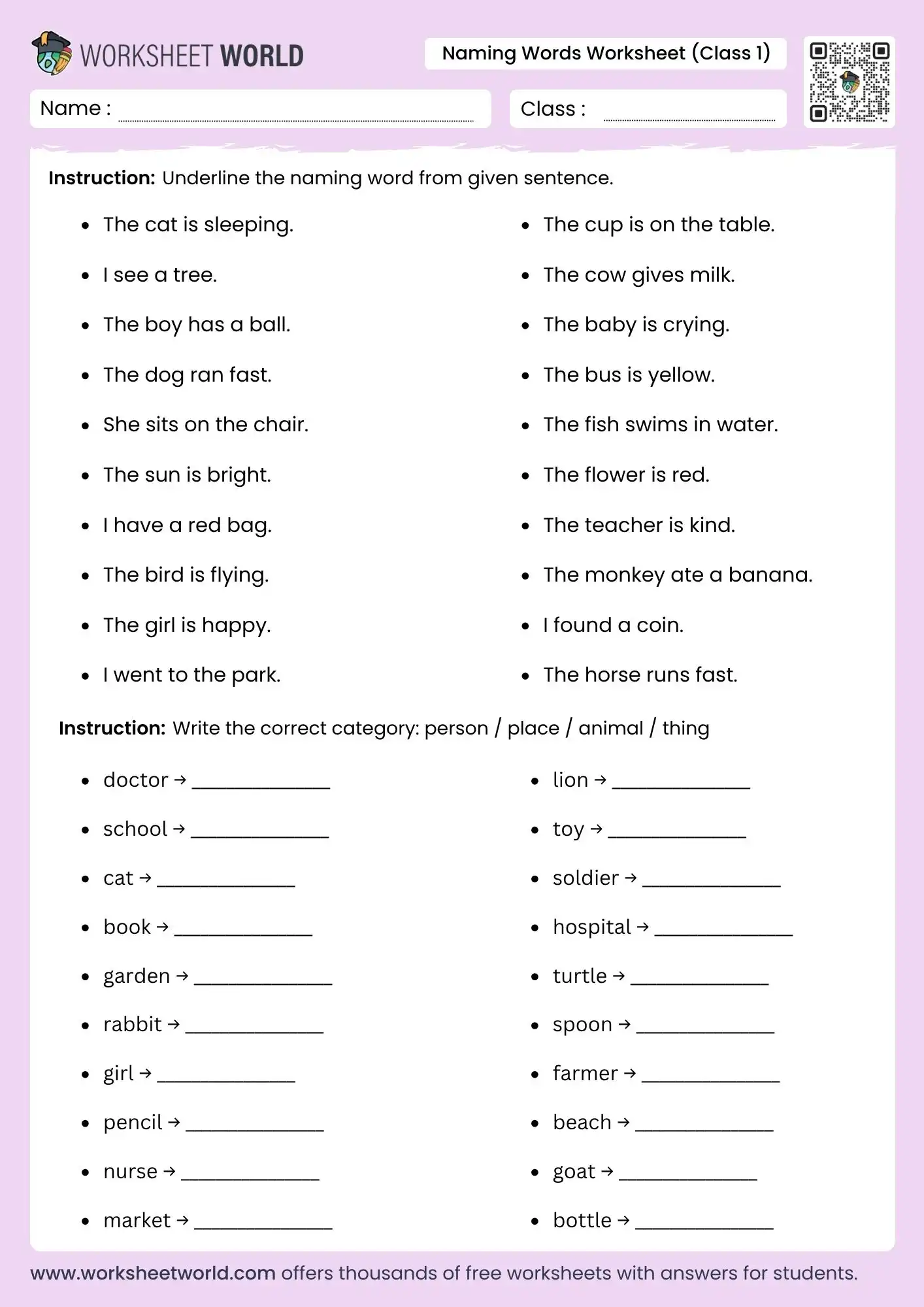naming words for class 1 worksheets free pdf practice
