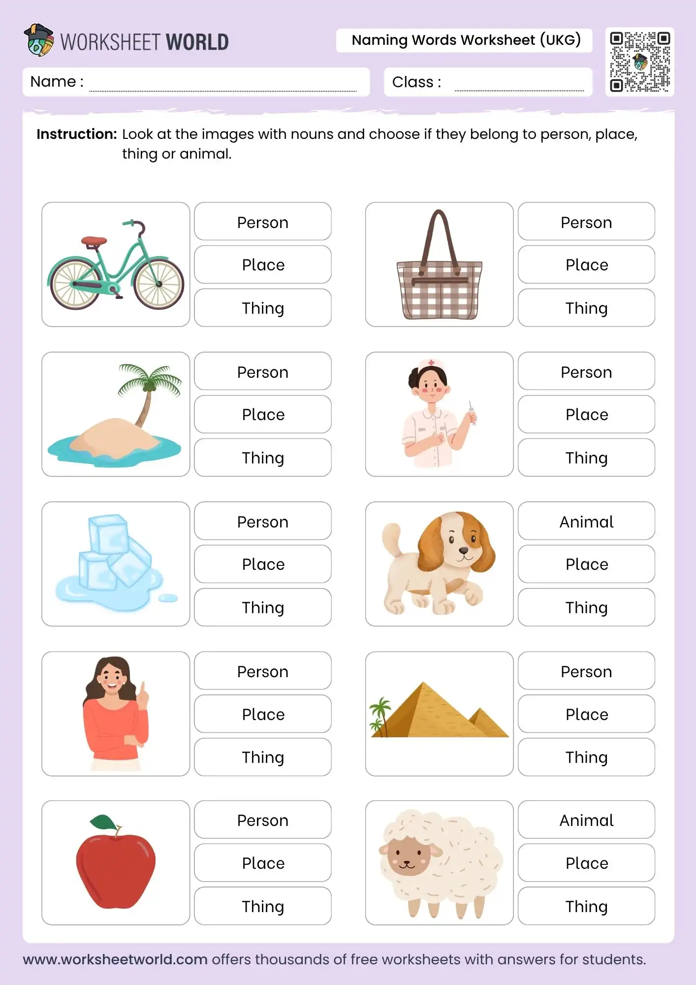 naming words worksheet for ukg person place thing animal
