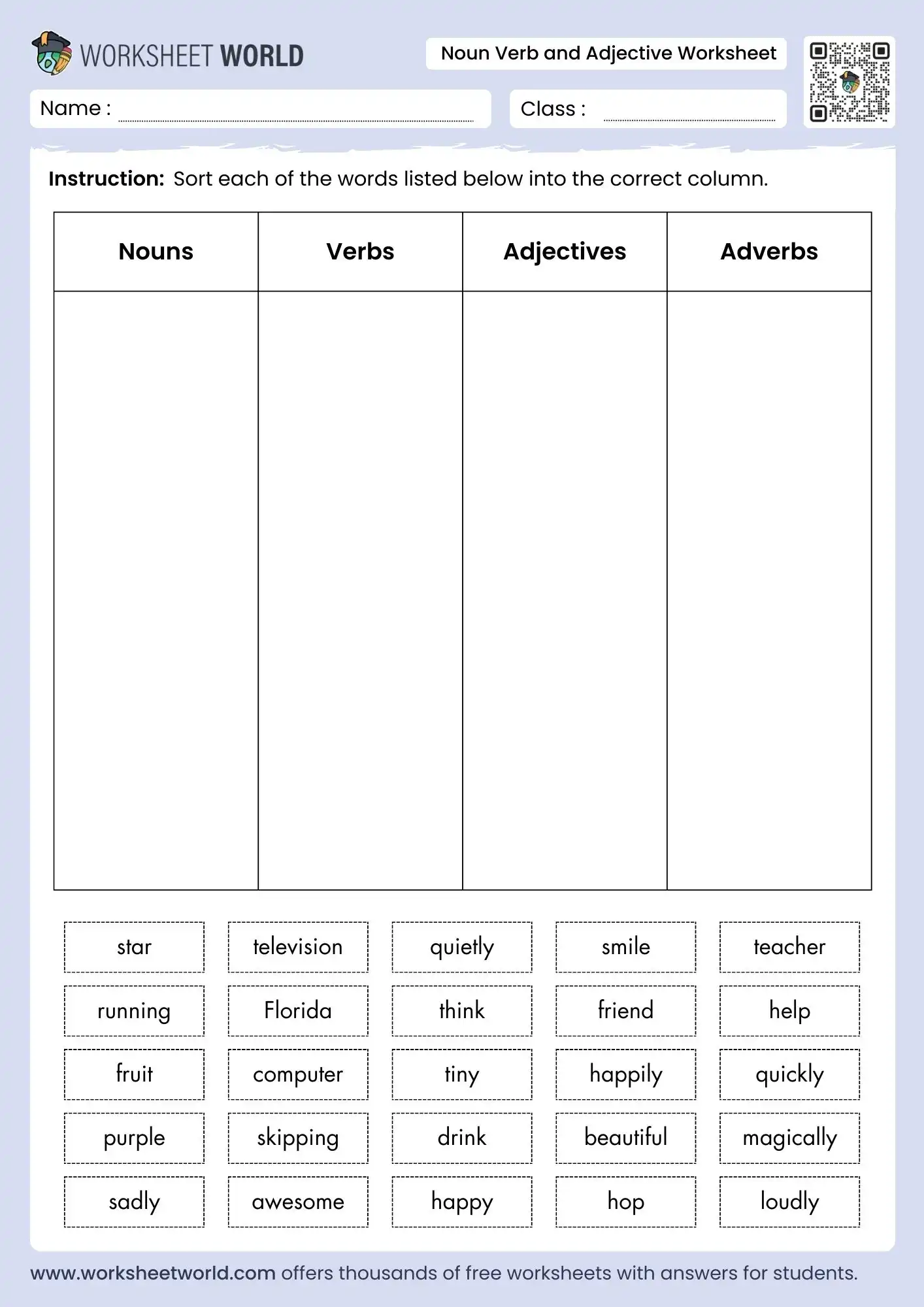 noun verb and adjective worksheet for grade 1 grade 2 grade 3 sorting words activity