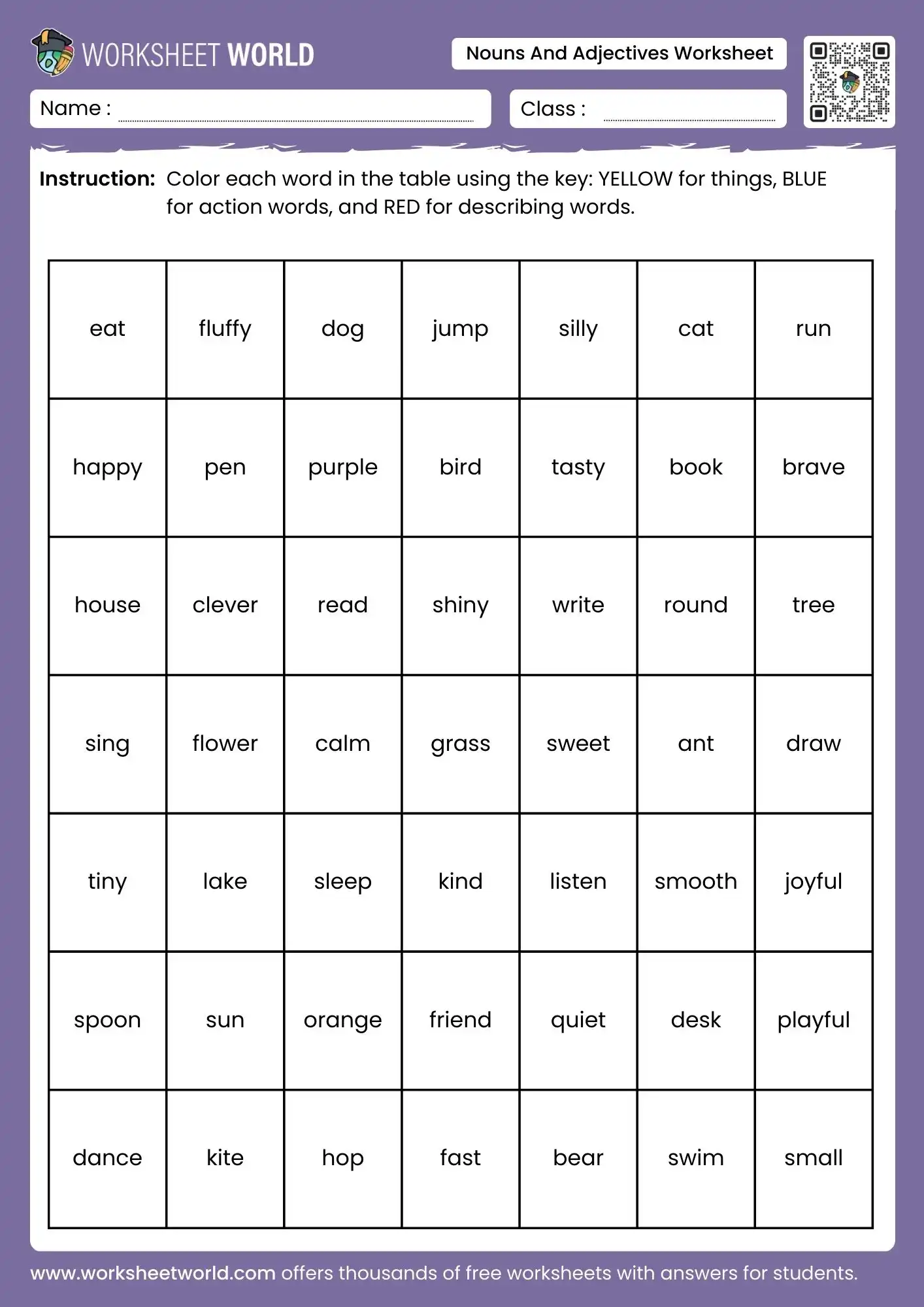 nouns and adjectives worksheets for grade 1 grade 2 grade 3 color sorting activity