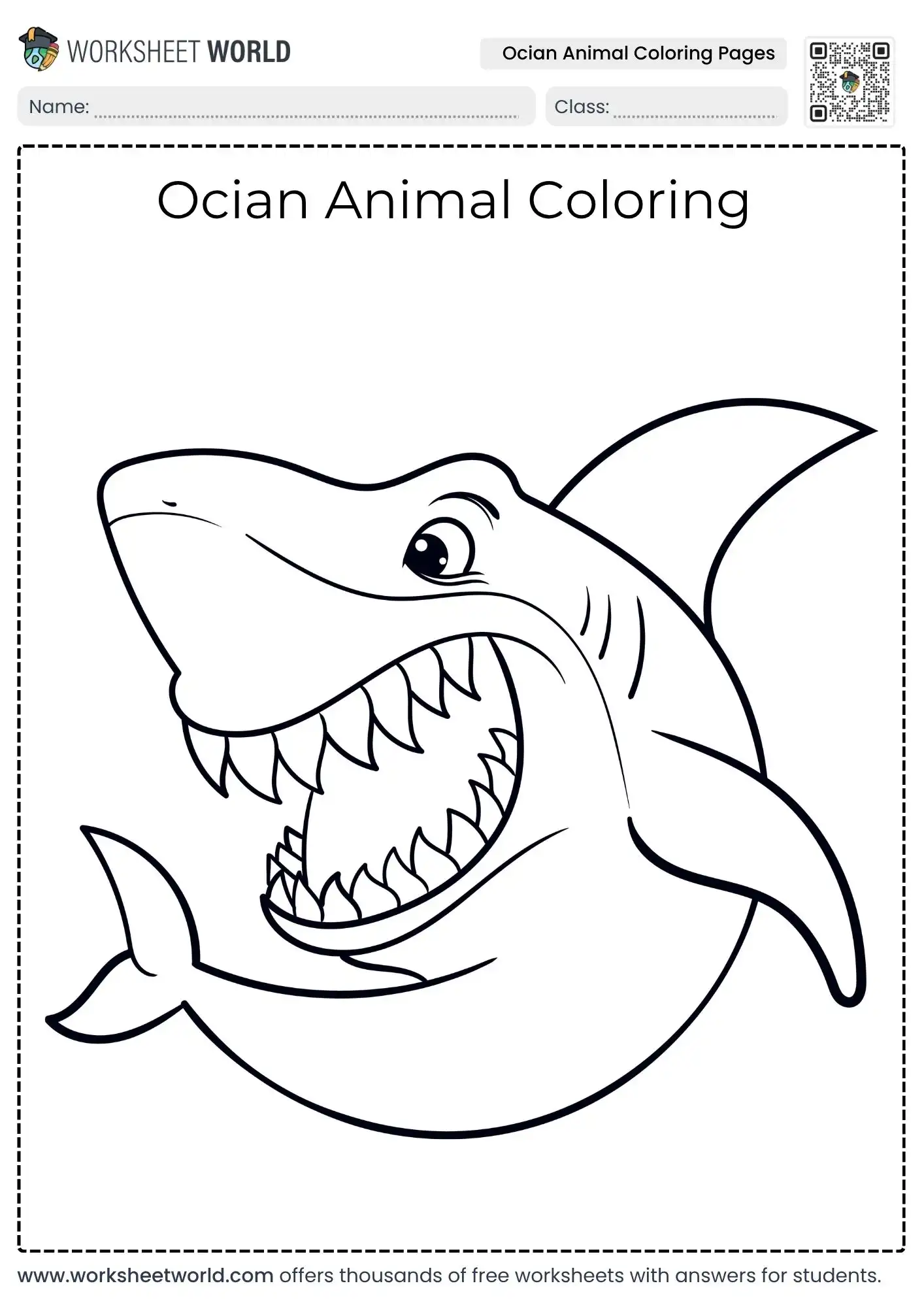 Free Printable Ocean Animal Coloring Pages Collection For Kids 1 educational ocean animal coloring pages featuring a smiling great white shark