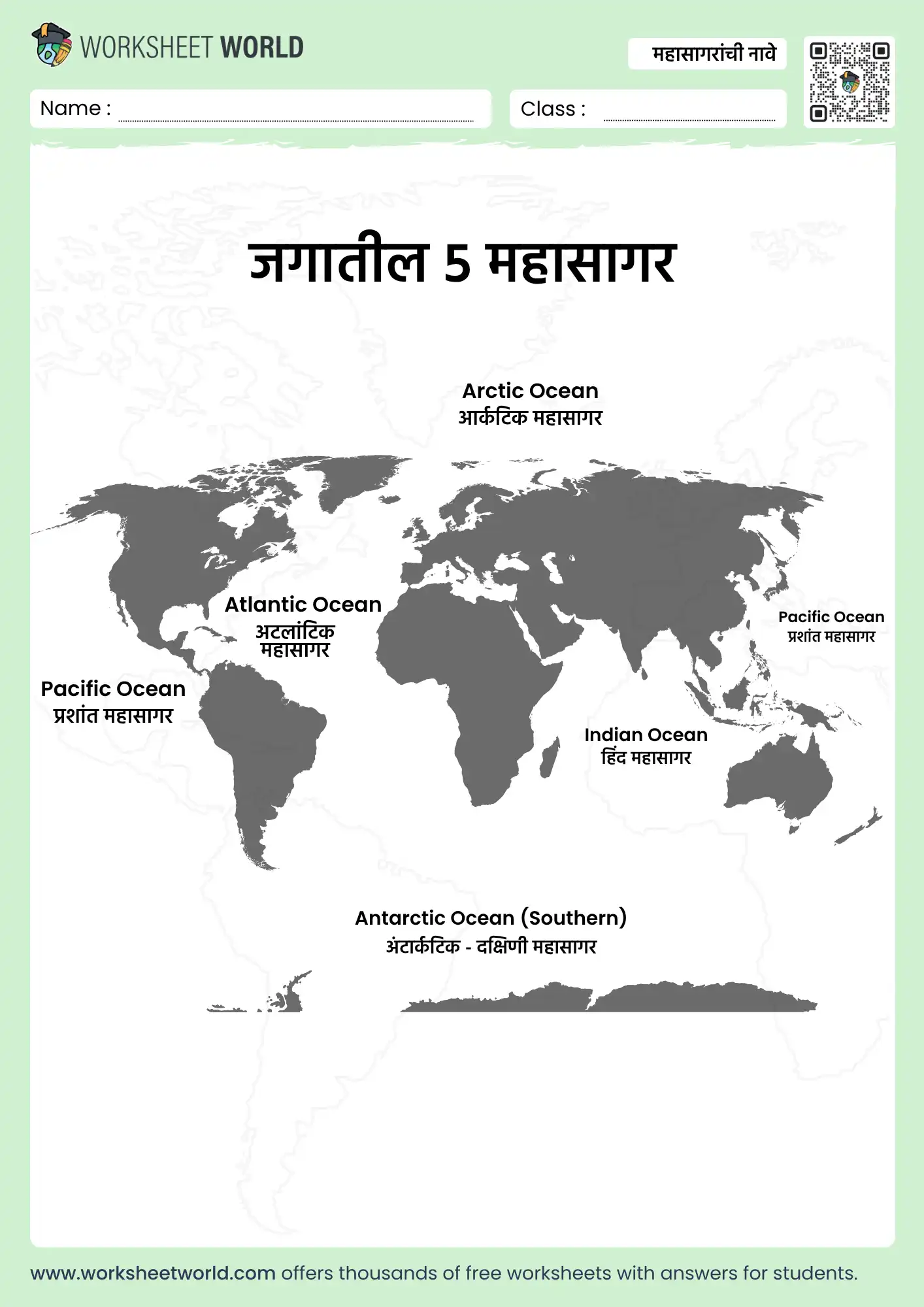 oceans name in marathi and english world map chart for kids