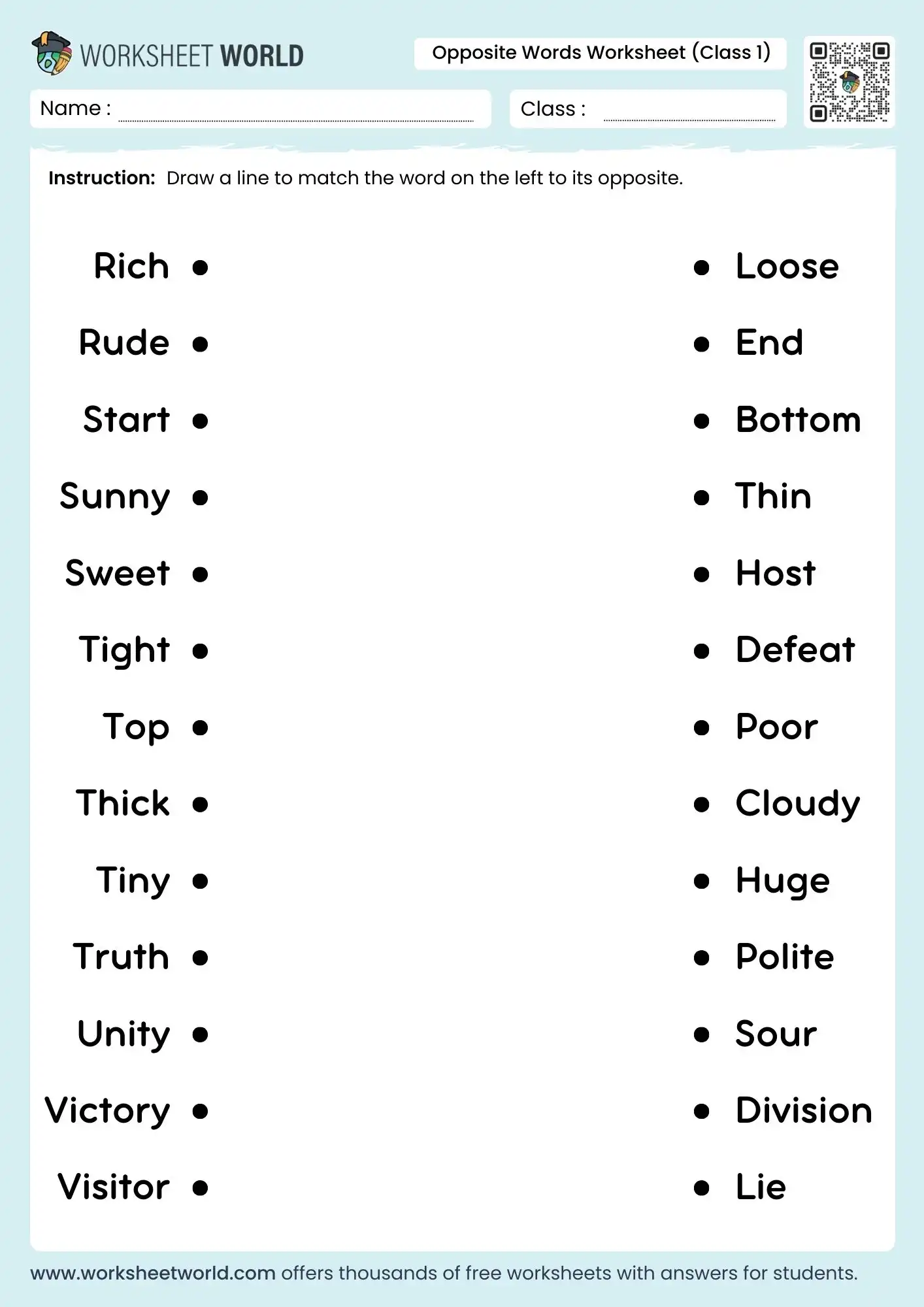 opposite words worksheet for class 1 printable matching activity vocabulary practice