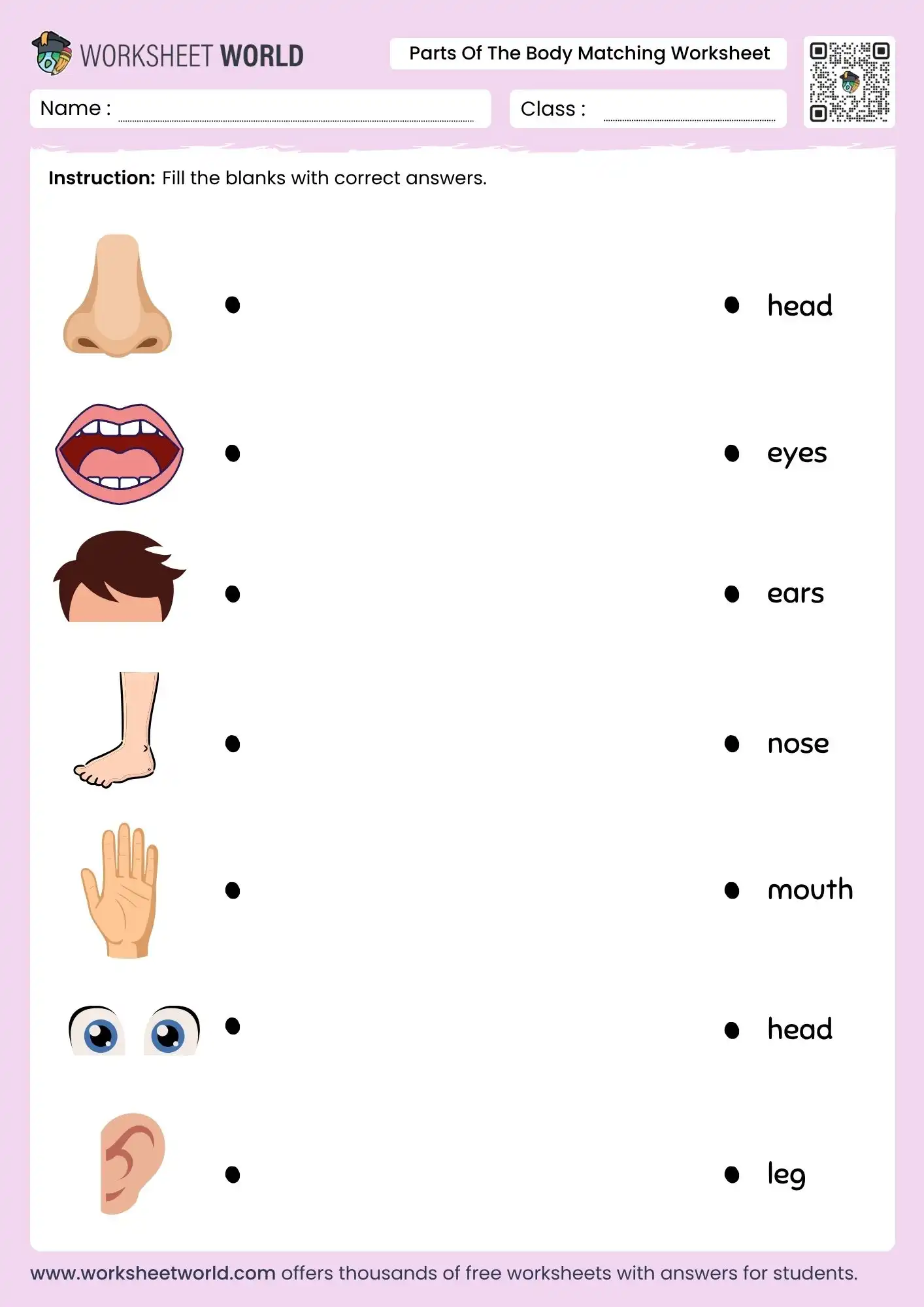 parts of the body matching worksheet for kindergarten grade 1 activity