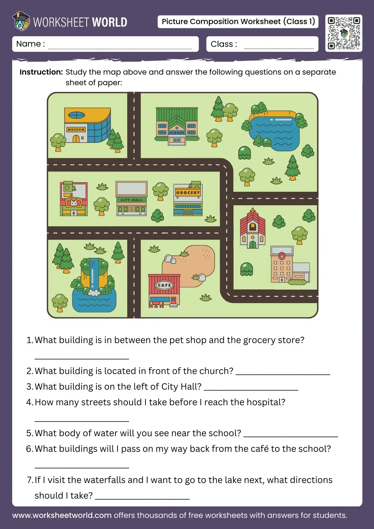 picture composition worksheets for class 1 map reading activity with simple direction questions