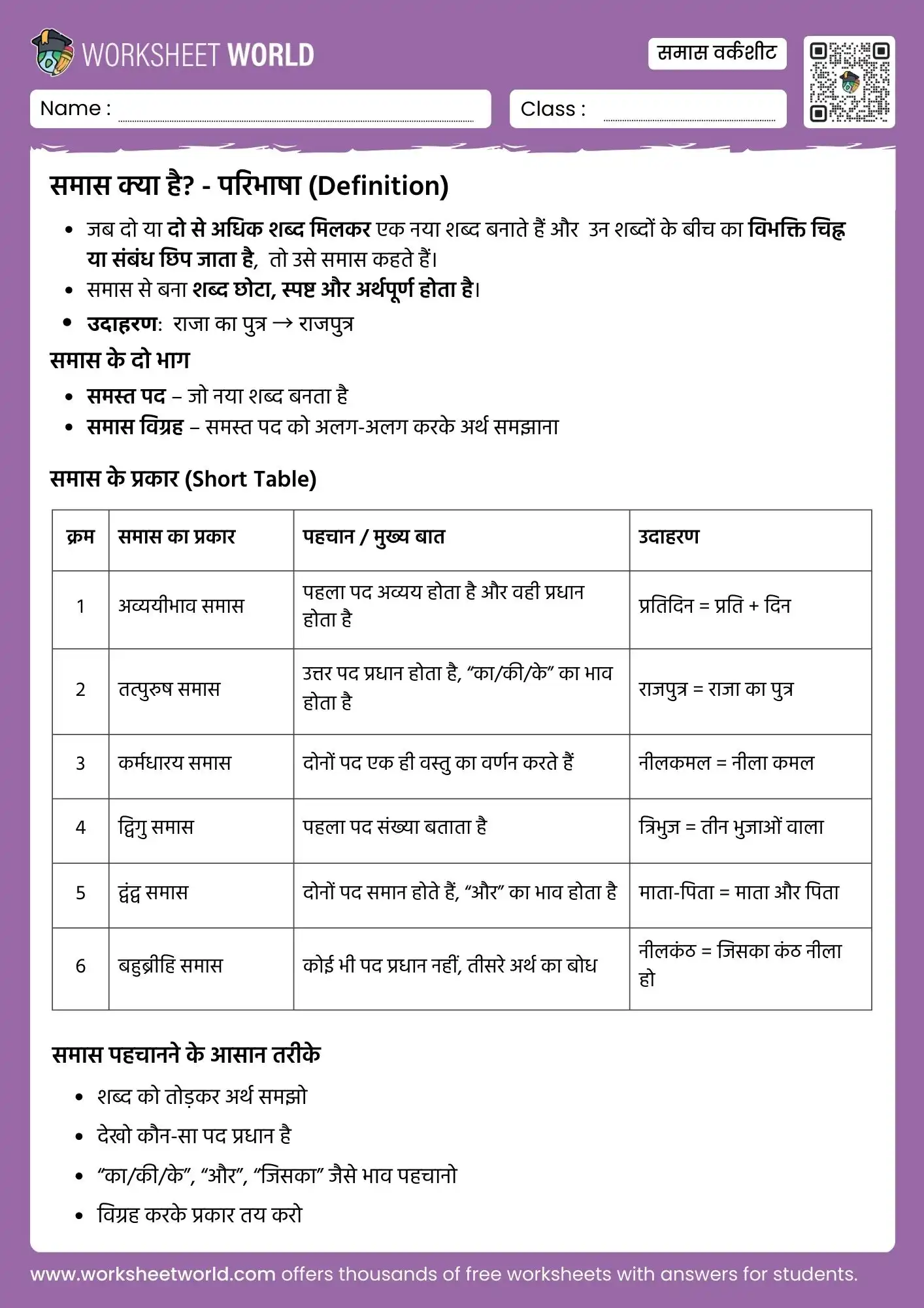 samas in hindi worksheet