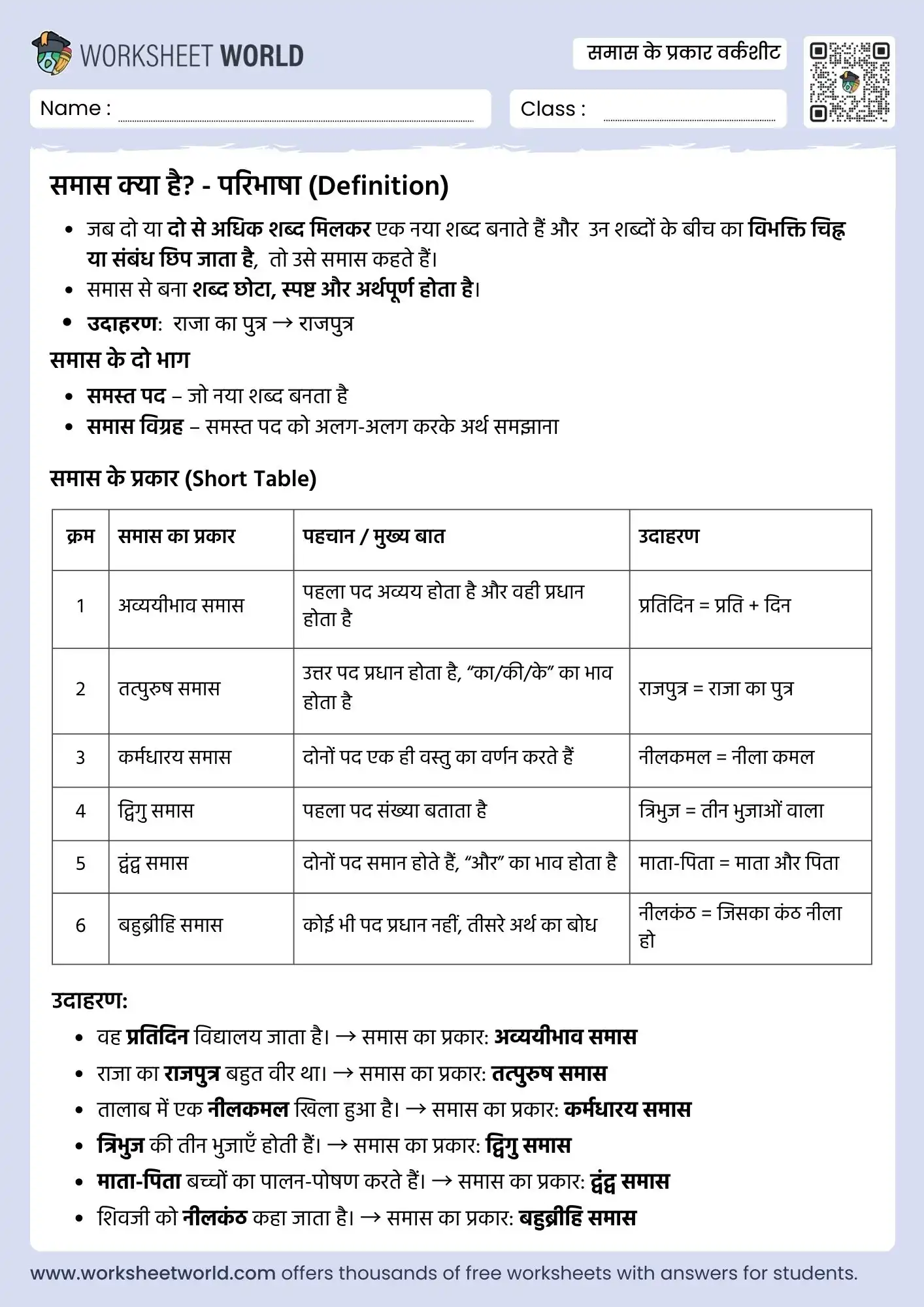 samas ke prakar worksheet