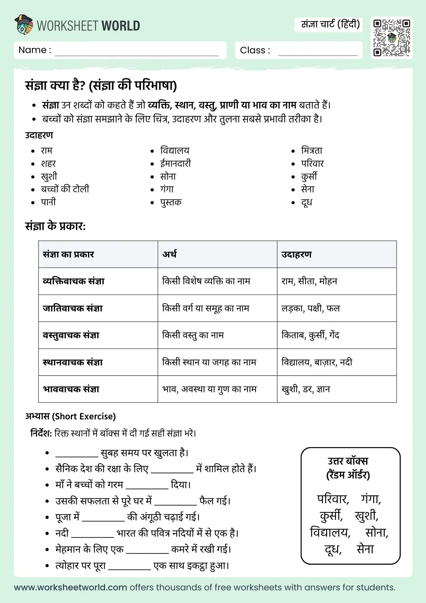 sangya-chart-hindi sangya chart hindi worksheet class 1 class 2 grammar practice
