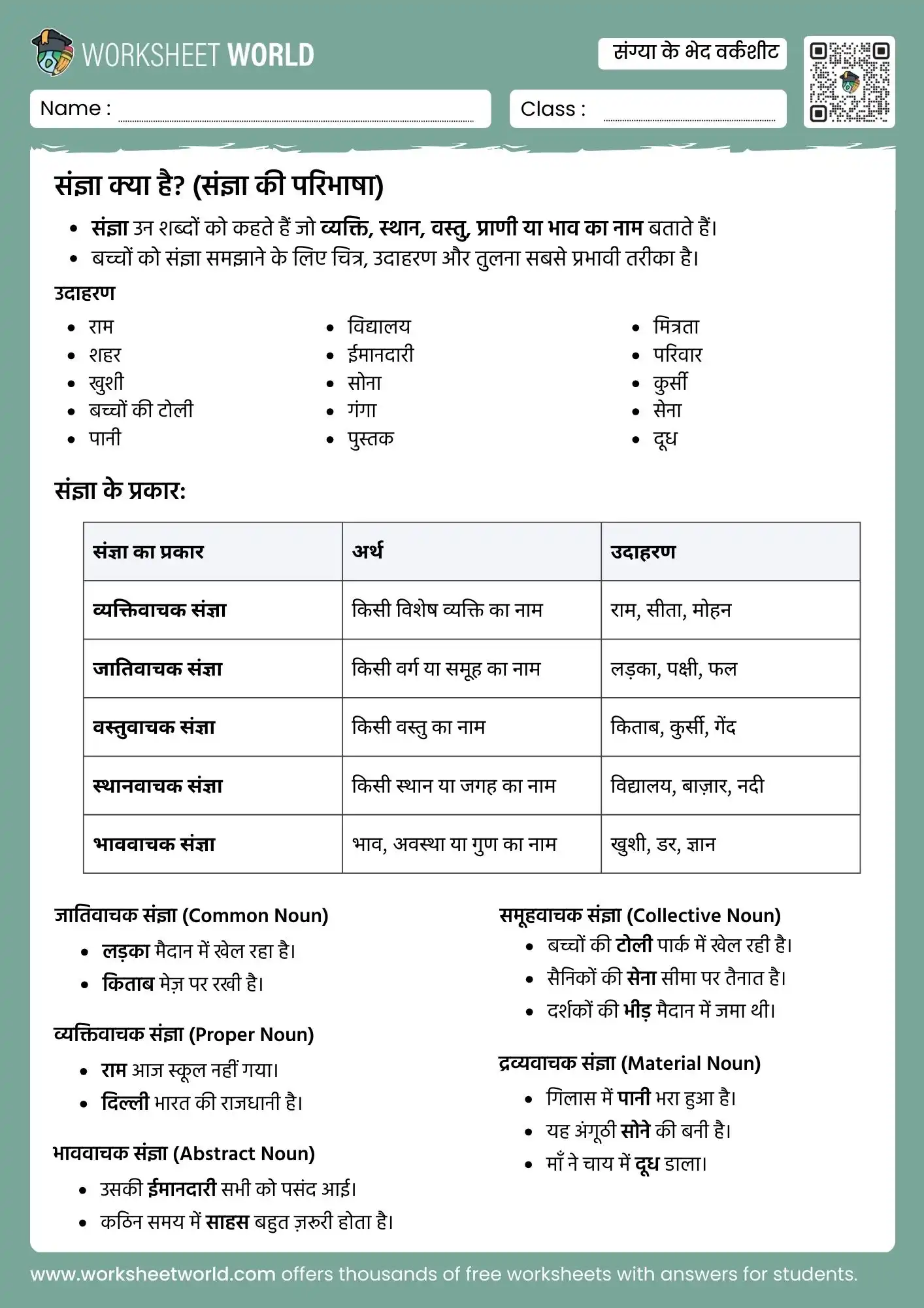 sangya-ke-bhed-with-example sangya ke bhed with example hindi worksheet class 1 class 2 grammar practice