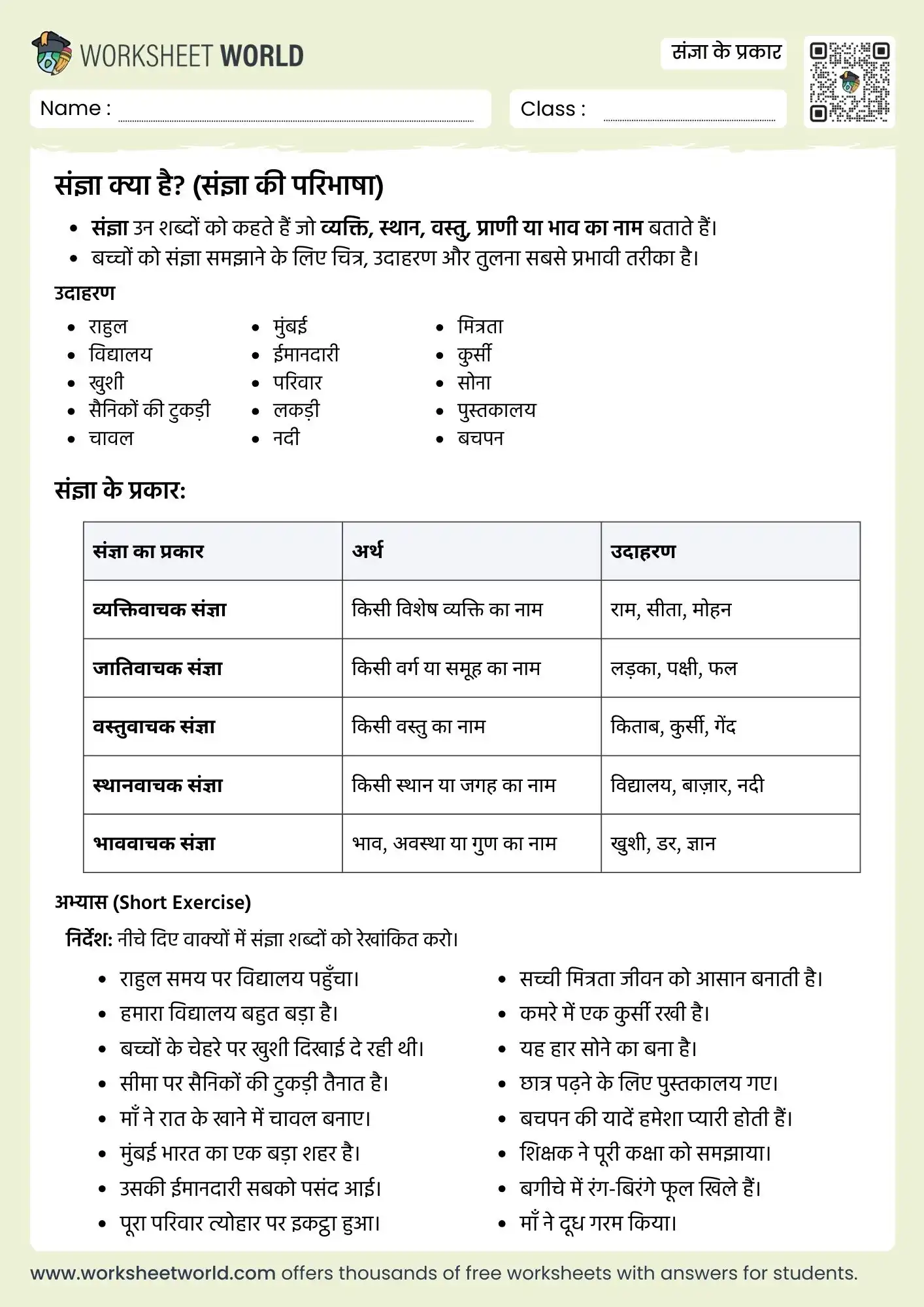sangya ke prakar hindi worksheet class 1 class 2 grammar practice