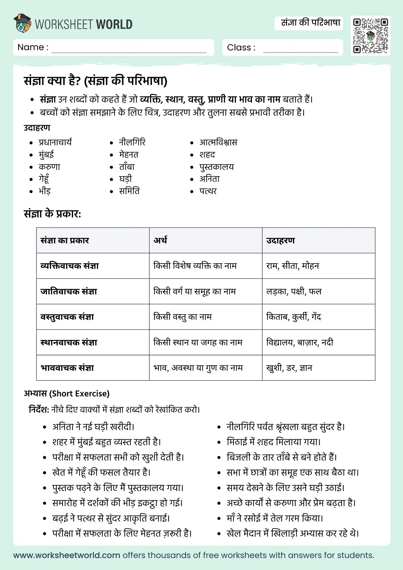 sangya ki paribhasha hindi worksheet class 1 class 2 grammar practice