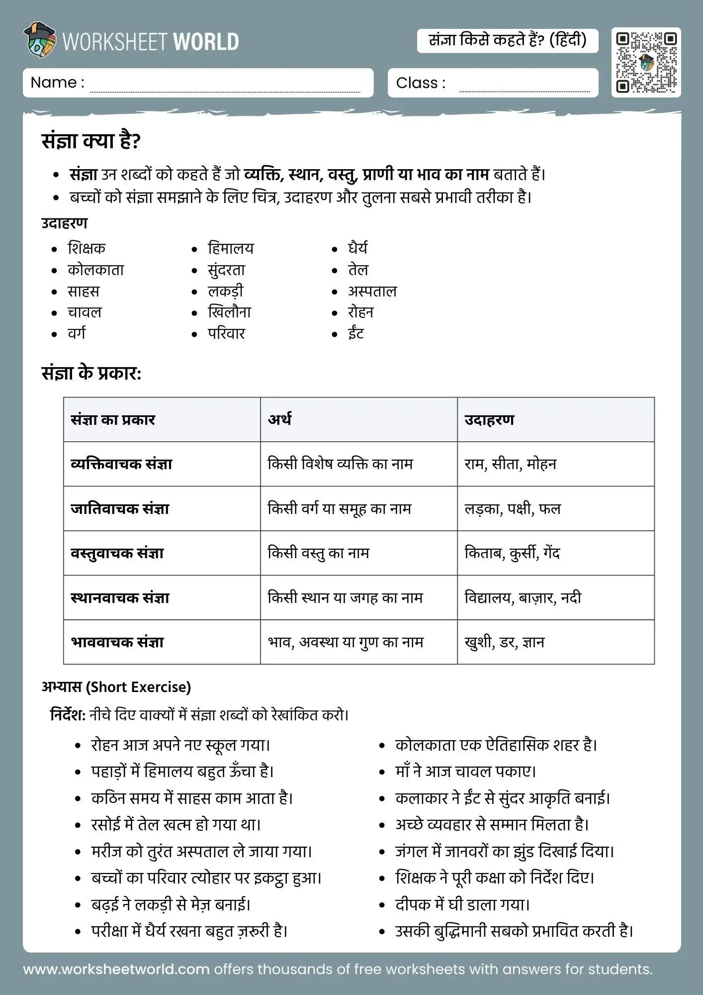 sangya-kise-kahate-hain sangya kise kahate hain hindi worksheet class 1 class 2 grammar practice