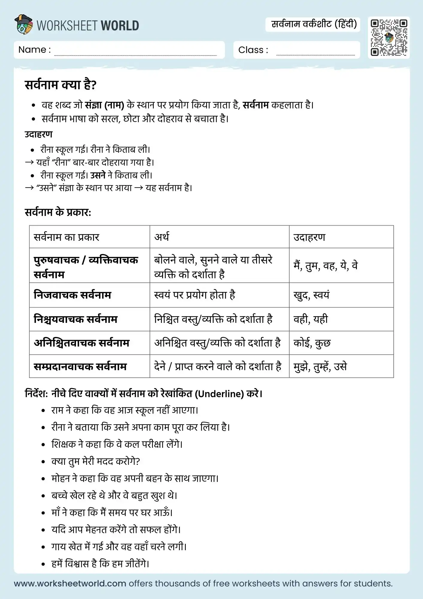 hindi sarvanam worksheet chart with examples for students