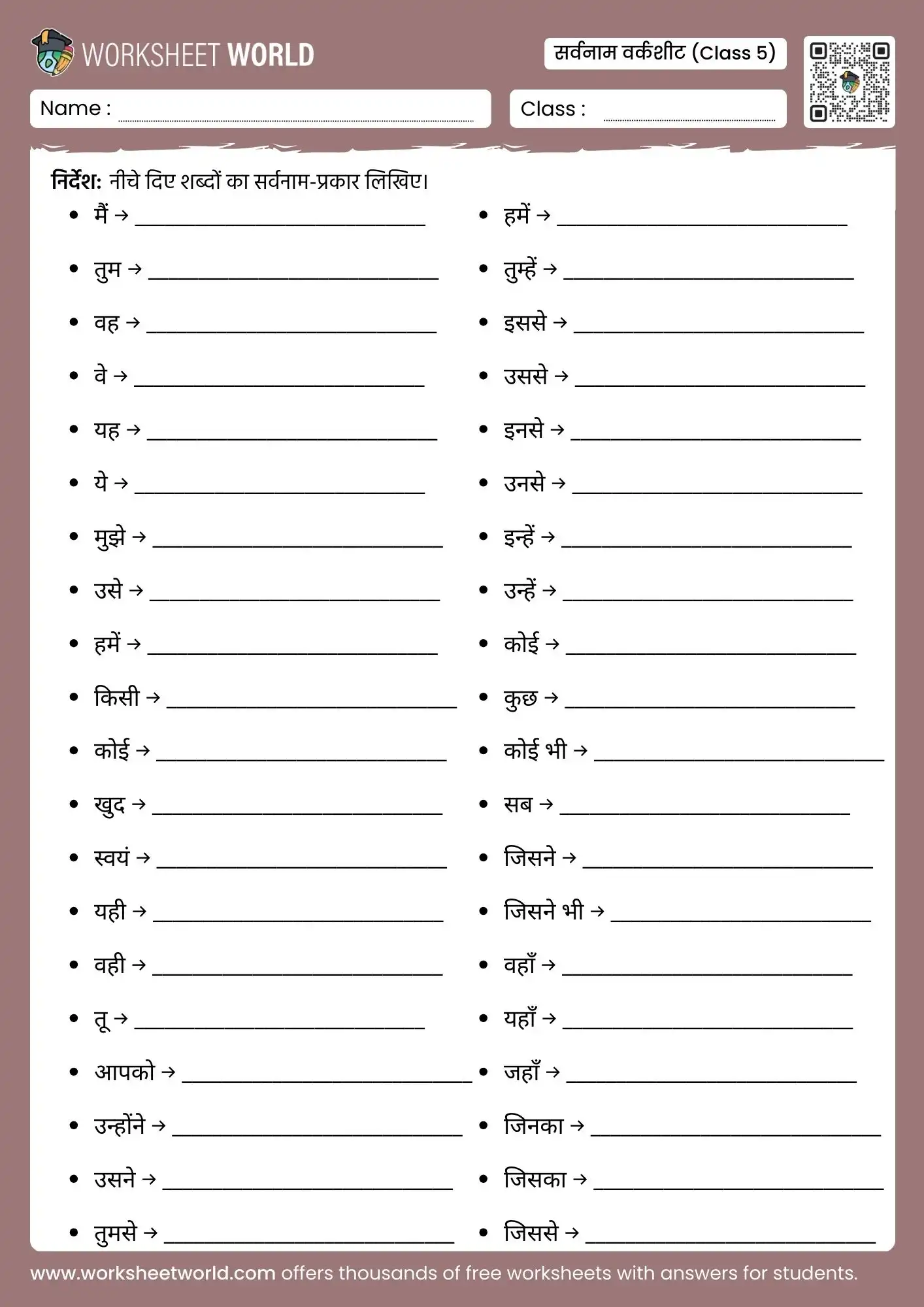 sarvanam worksheet for class 5 hindi grammar worksheet