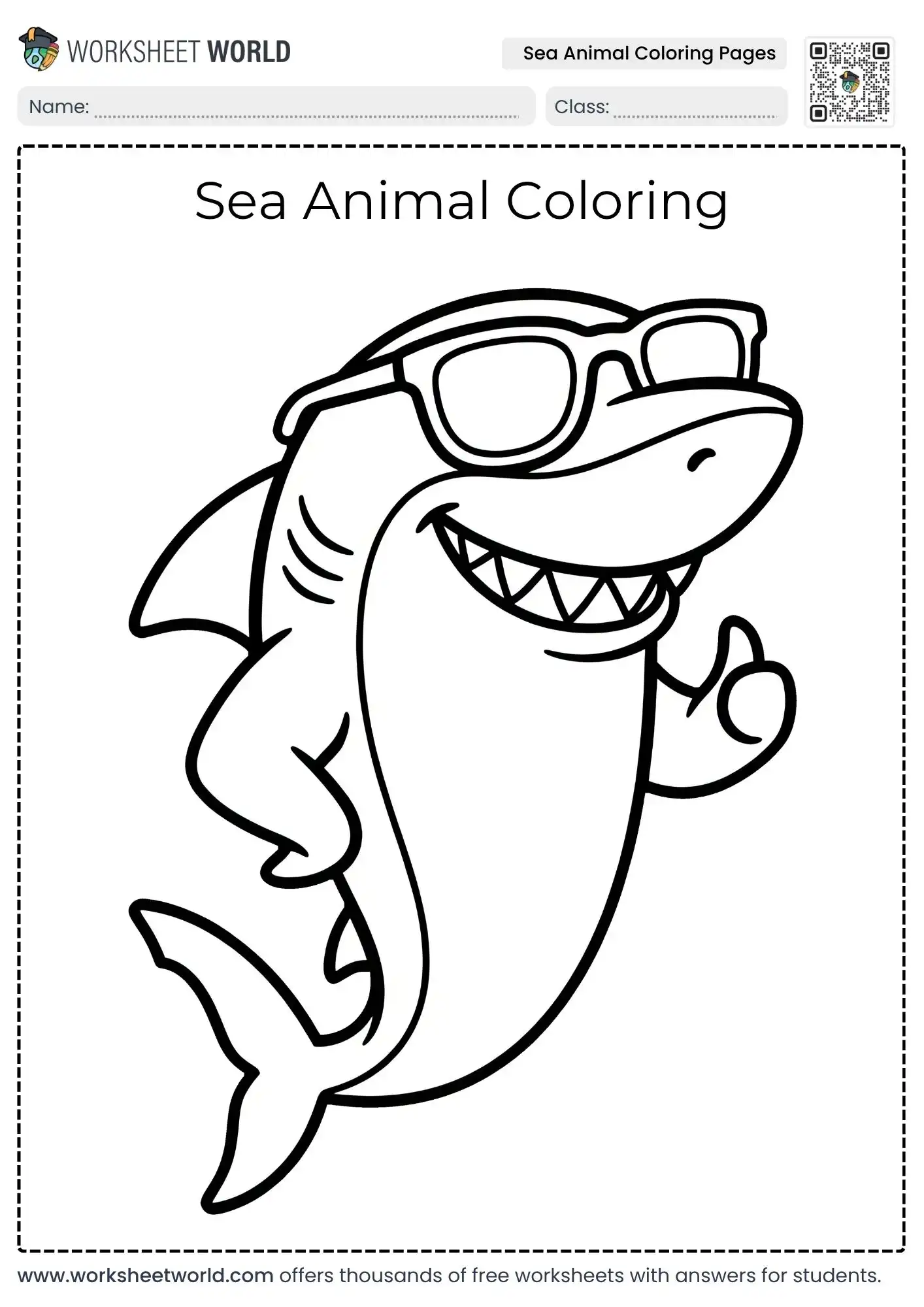 Sea Animal Coloring Pages Activity For Kids (Free PDF) 1 educational sea animal coloring pages featuring a smiling shark wearing sunglasses