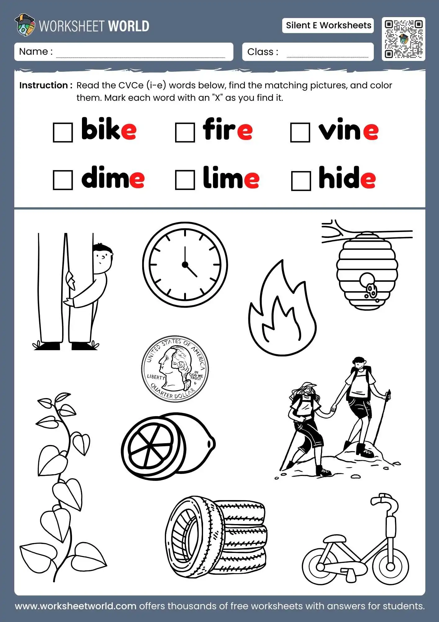 silent e worksheets featuring a read find and color activity with bike and fire