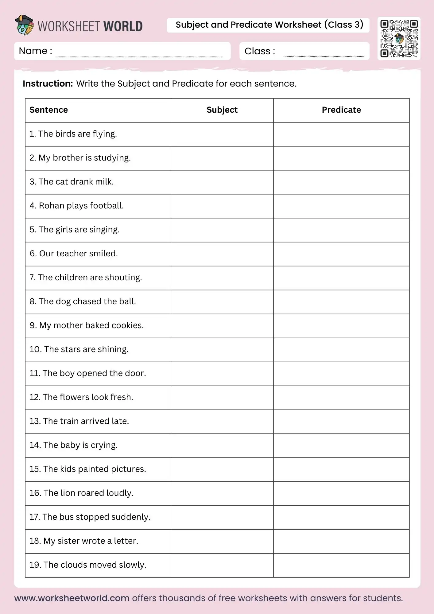 subject and predicate worksheet for class 3 grammar practice pdf