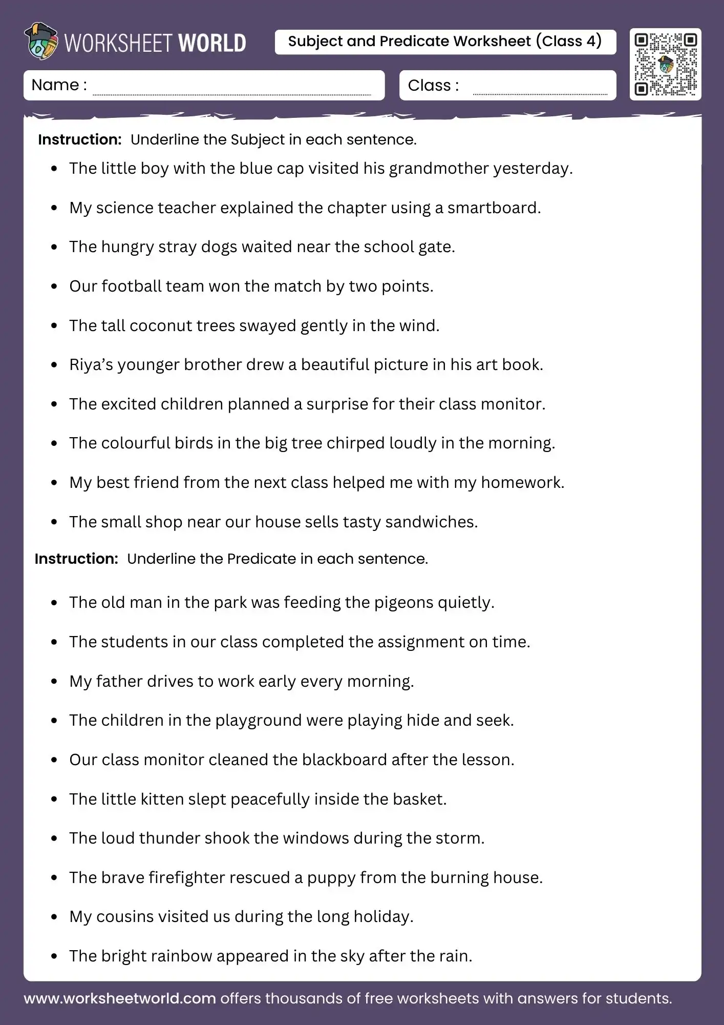 subject and predicate worksheet for class 4 printable grammar practice