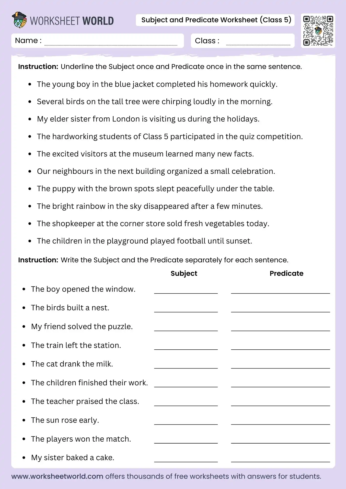 subject and predicate worksheet for class 5 printable grammar practice