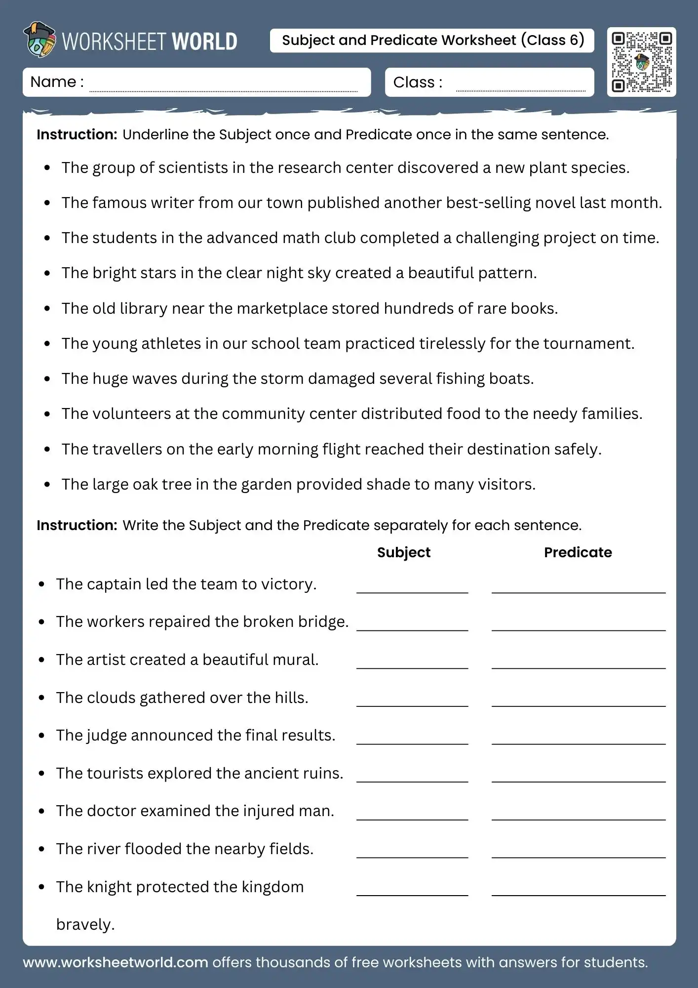 subject and predicate worksheet for class 6 grammar practice printable