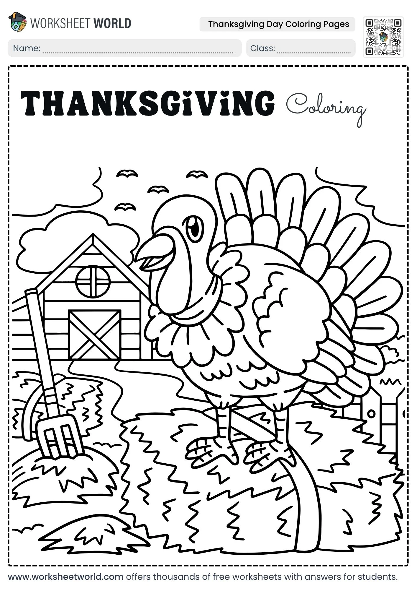 thanksgiving day coloring pages printable pdf turkey on farm with barn and birds