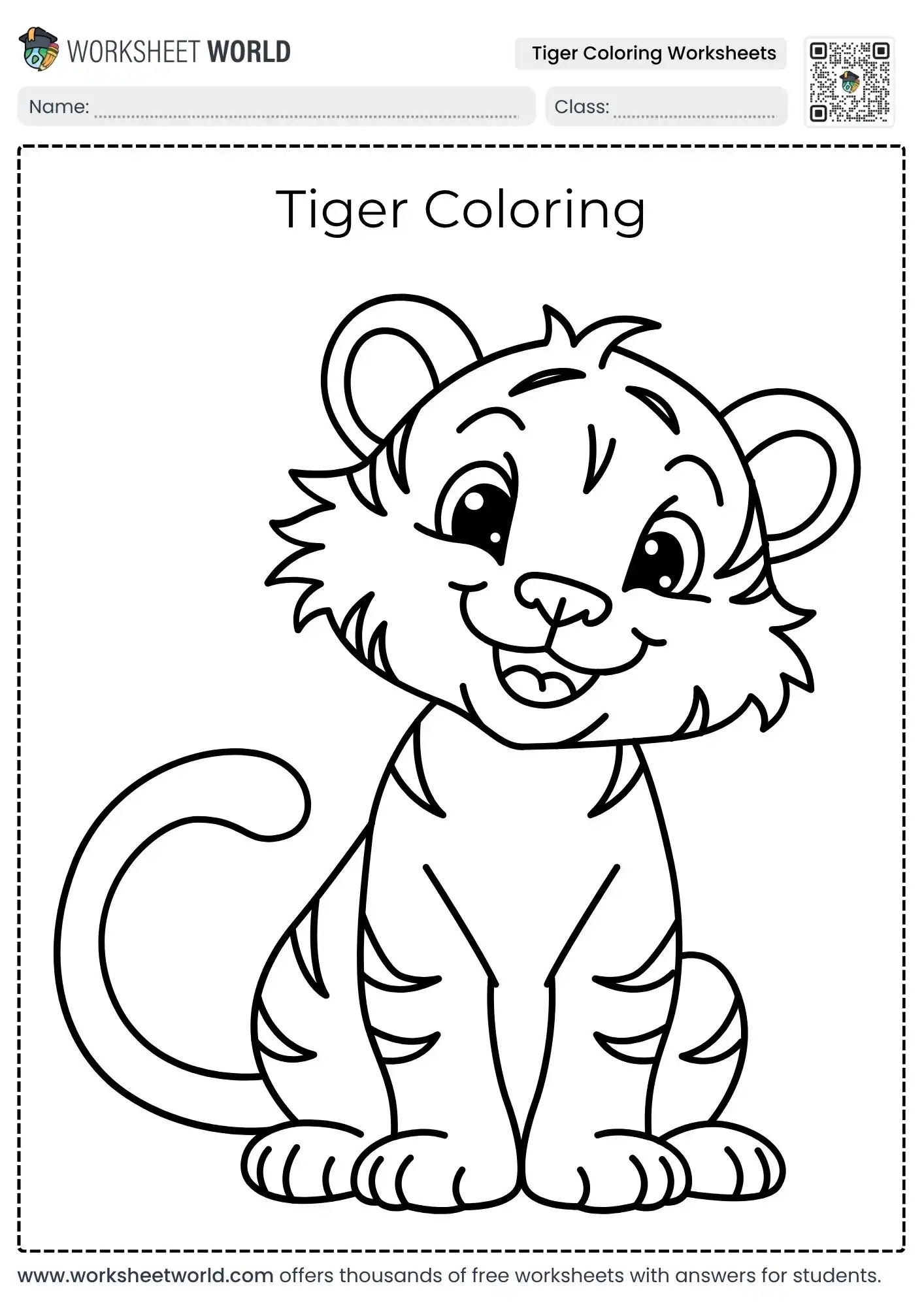 Tiger Coloring Worksheets For Kids 1 educational tiger coloring worksheets featuring a cute sitting baby tiger cub looking forward